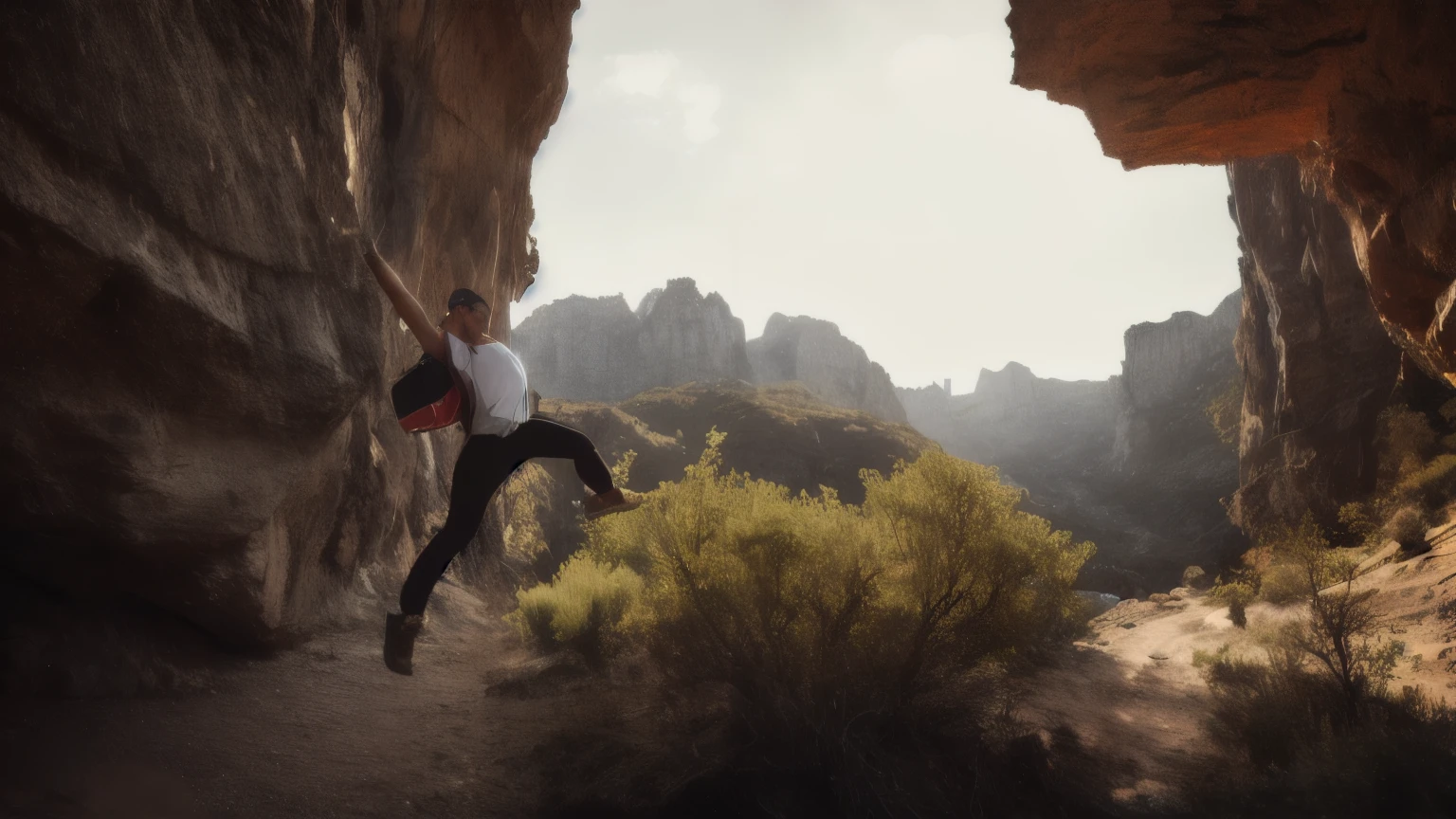 hyper ultra realistic photographs full body of A hiker, defying gravity for a fleeting moment, hangs suspended in space between two towering rock formations. Their arms are spread wide, legs kicking out in a playful dance with the wind. The world below blurs into a kaleidoscope of colors, and a sense of pure exhilaration fills their being. ratio 16:9, 4k, 8k resolution, High quality photo, high detailed, imagesharp focus, Cinematic lighting,hyperdetailed & Unreal engine, detail, realism, photography,cinematography, camera NIKON, lens NIKKOR flagship, masterpiece. hyper-maximalism, ultradetailed photorealistic, light skin imperfections, final render, vray, photo, fashion