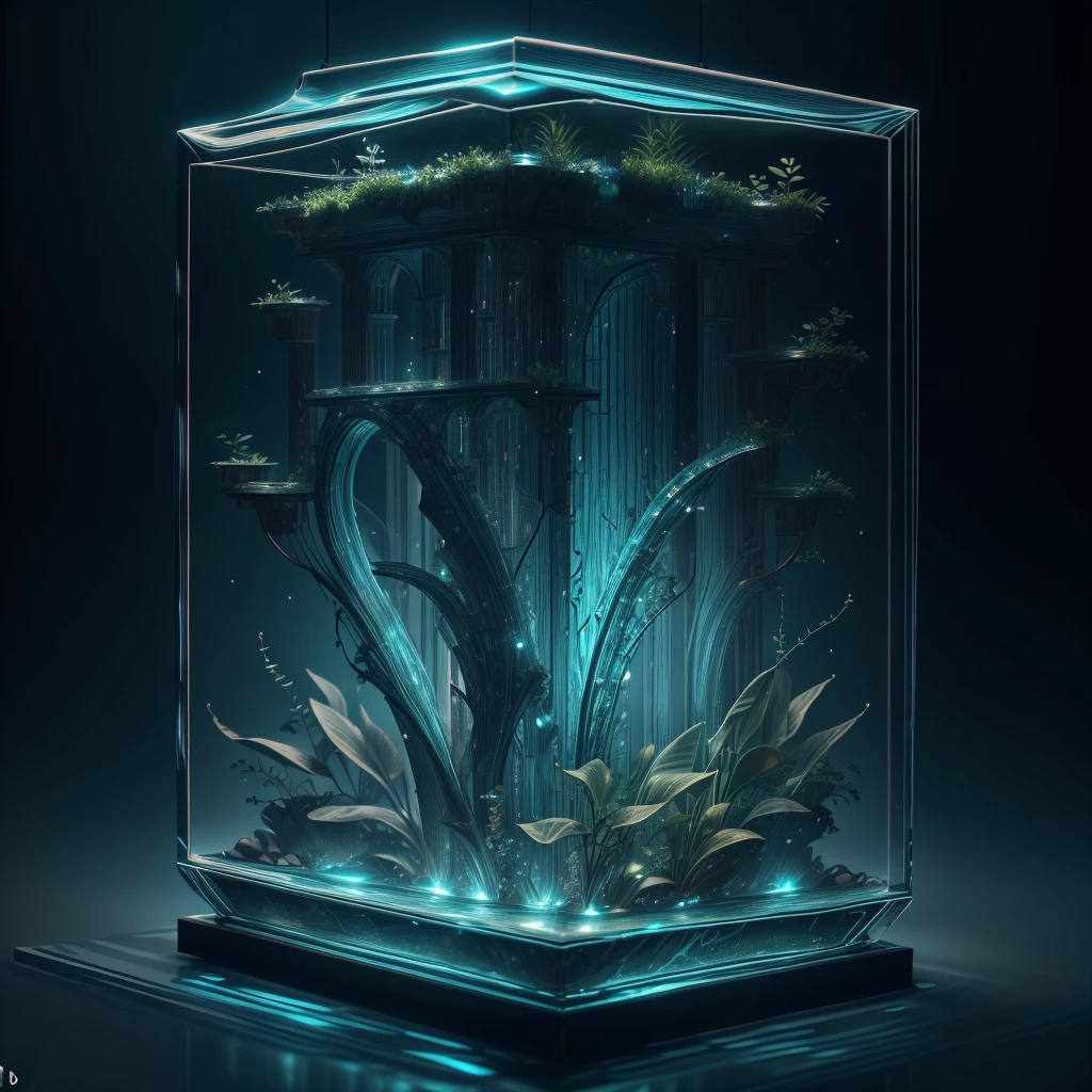 A masterpiece of glass sculpture,There are plants inside, water, luminescent, fantasy, high quality, high detail, best quality, RTX, 4K, 8k,