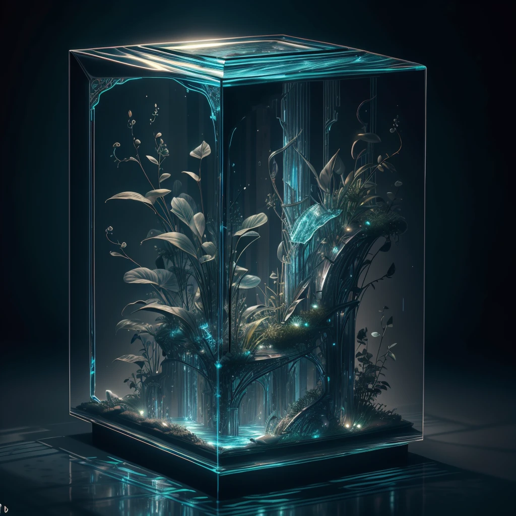 A masterpiece of glass sculpture，There are plants inside, water, luminescent, fantasy, high quality, high detail, best quality, RTX, 4K, 8k,