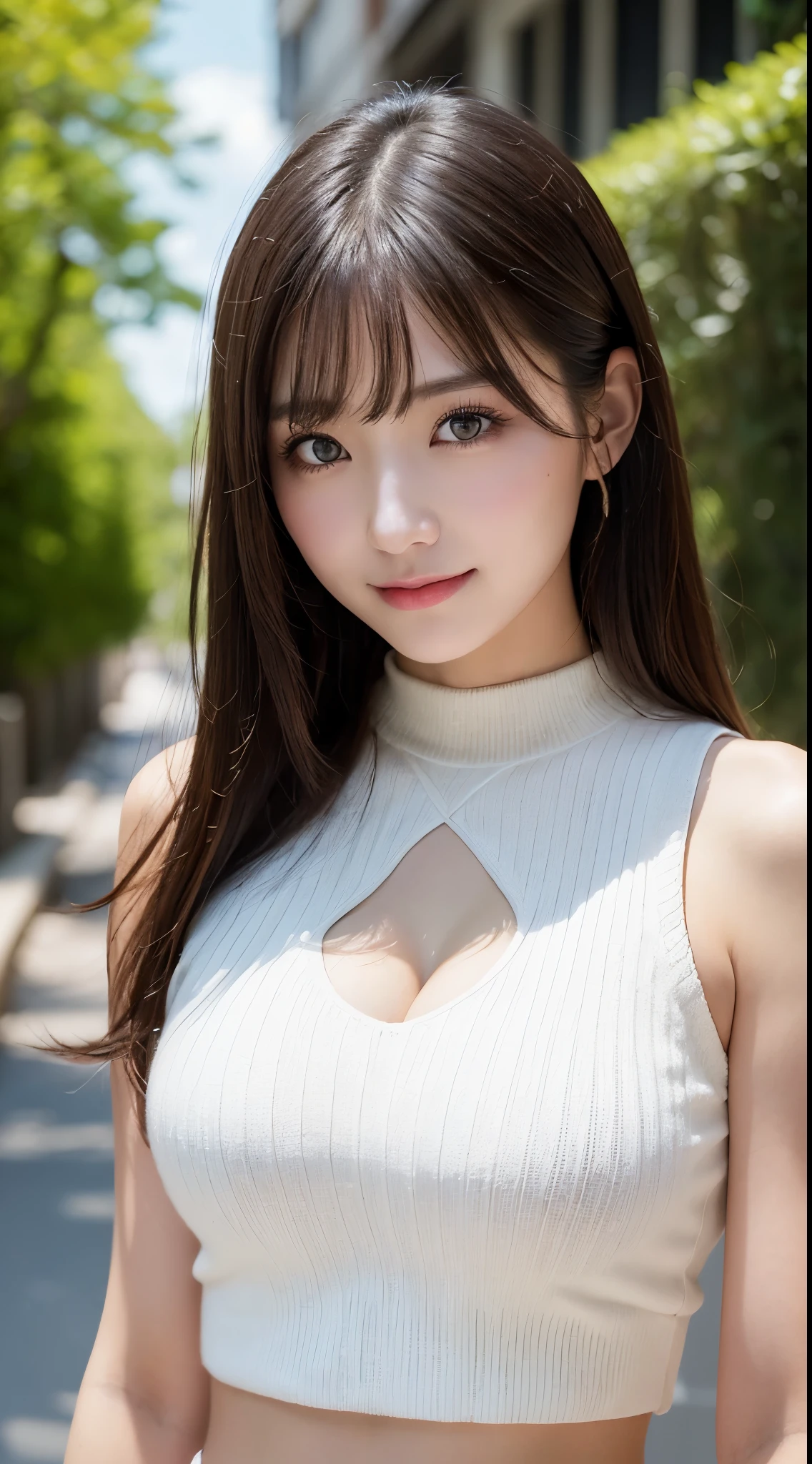 masutepiece, Best Quality, Photorealsitic, finely detail, hight resolution, 8K Wallpapers, Perfect dynamic composition, Beautiful detailed eyes, Medium Hair, large full breasts, Random and sexy poses,Bring your chest together、(Open Chest Mock Neck Crop Tank Top White Knitwear Clear Clave)、(Breast bulge 1.2)、A smile、open open mouth、Resort scenery、25-years old、(Drooping eyes 1.4)、Adult beauty、japanes