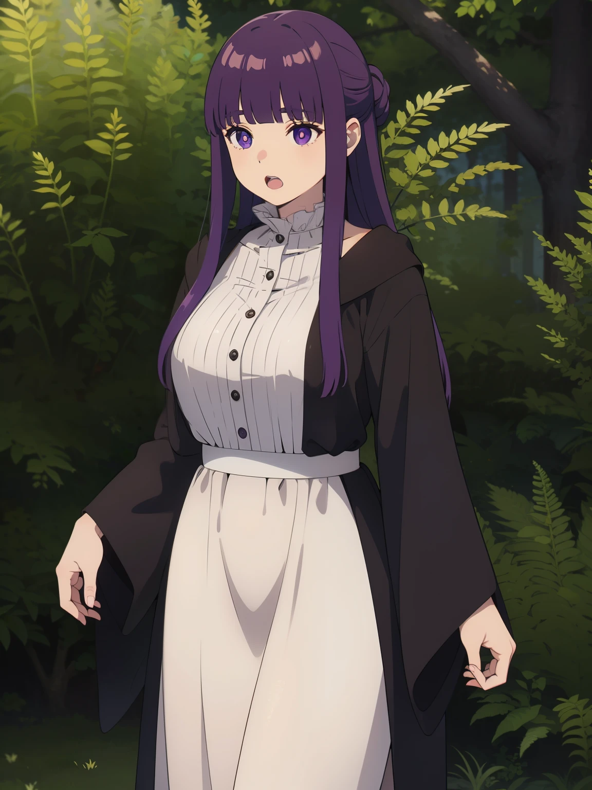 freirenfern, fern, purple hair, long hair, purple eyes, blunt bangs, sidelocks, half updo, bright pupils, (large breasts, 1 girl), frilled collar, black robe, white dress, center frills, buttons, wide sleeves, long sleeves, curvy, frilled collar, BREAK Masterpiece, best quality, high resolution, 8K, official art, super resolution, extremely detailed and beautiful, extremely detailed, amazing and detailed, highly detailed beautiful girl, highly detailed face, highly detailed eyes, highly detailed skin, highly detailed fingers, highly detailed nose, very detailed mouth, perfect anatomy BREAK Full body shot, Looking down, pray BREAK hill, nature, forest, extremely detailed CG unity 16k, very fine 16KCG wallpapers
