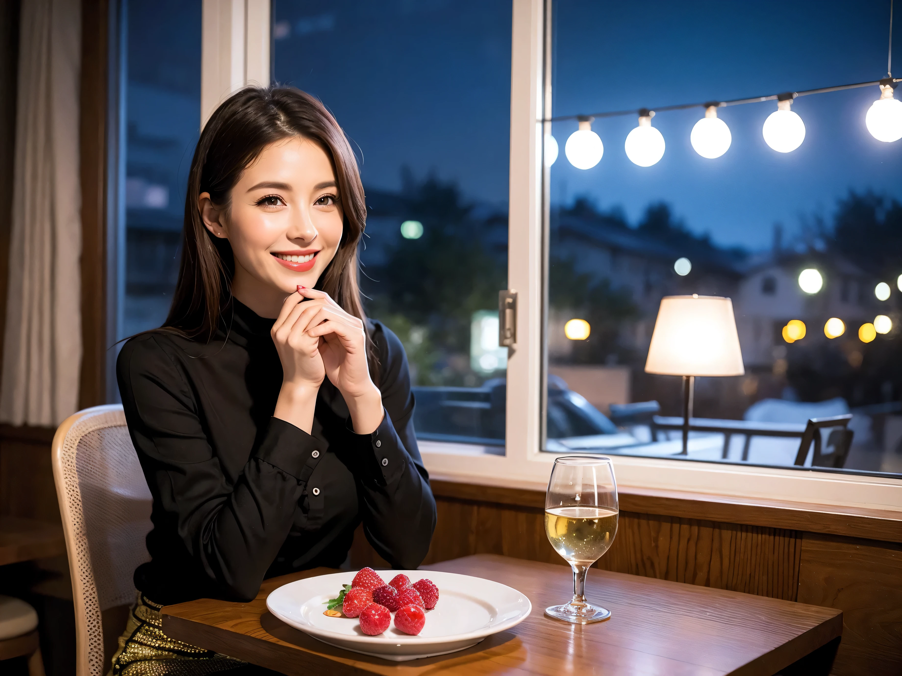 64k, UHD, highest quality, masterpiece: 1.2), (realistic, photorealistic: 1.37), Super detailed, slimな美女3名, (slimフェイス),Happy、 最高なsmile、Fox Face、Berry Short、(because I'thin), (brown hair), (shortcut), long sleeve shirt、winter fashion、Colombia、Brazilian、Japanese、Dutch、German、Portuguese、Belgian、Italian、french,champagne、Sparkling wine、 (gush), (slimボティ), (brown hair), (shortcut), Neat beauty、cheeks blush a little, (35 years old), 38 years old, alone, A beautiful and detailed night view spreads out outside the window..., restaurant, wine glassが座っている, At night, in a prominent place (from the Upper body) nova frog style, actress, model, Upper body, White wine, slim, wine glass, very beautiful night view, wine glass Put in the Middle, Happy smile, (smile: 1.15),