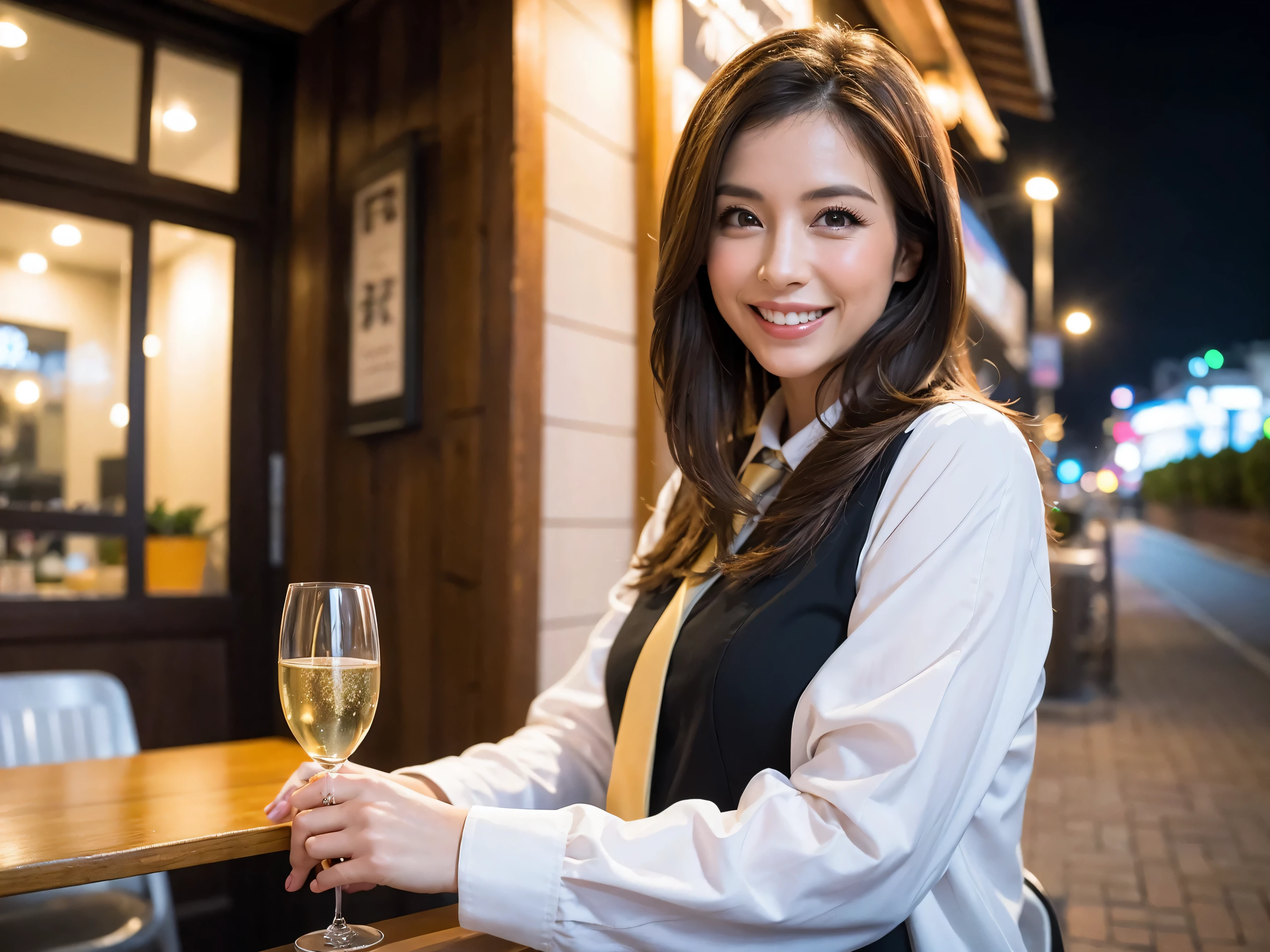 64k, UHD, highest quality, masterpiece: 1.2), (realistic, photorealistic: 1.37), Super detailed, slimな美女3名, (slimフェイス),Happy、 最高なsmile、Fox Face、Berry Short、(because I&#39;thin), (brown hair), (shortcut), long sleeve shirt、winter fashion、Colombia、Brazilian、Japanese、Dutch、German、Portuguese、Belgian、Italian、french,champagne、Sparkling wine、 (gush), (slimボティ), (brown hair), (shortcut), Neat beauty、cheeks blush a little, (35 years old), 38 years old, alone, A beautiful and detailed night view spreads out outside the window..., restaurant, wine glassが座っている, At night, in a prominent place (from the Upper body) nova frog style, actress, model, Upper body, White wine, slim, wine glass, very beautiful night view, wine glass Put in the Middle, Happy smile, (smile: 1.15), 