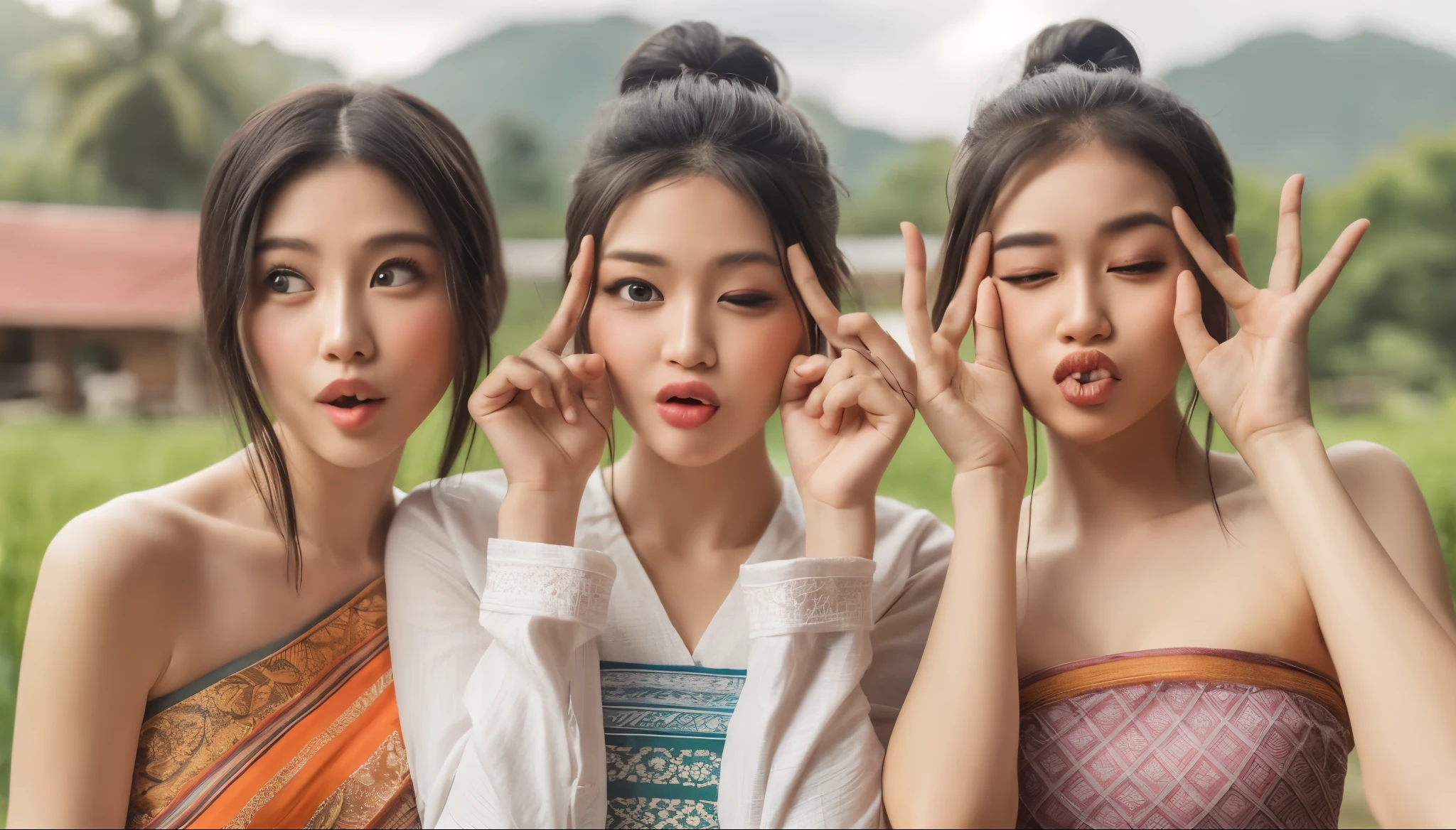 portrait photograph, 3 asian young womans (difference funny face or roll her eyes or pout her lips), doing random gesture, wears thai costume. white background and nature background, depth of field, 32K, HDR.