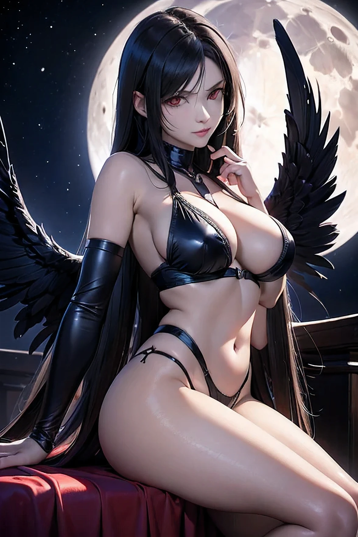 black long hair, the girl has true red eyes, tifa lockhart, The girl is , beautiful skin, realistic anime, anime realism style, Output in 8K, highest quality,Natural light, professional lighting, shiny skin, silky skin, lay tracing, wing on the her back, Angel, Satan, wing, Dark Moon, big moon, dark night, Moonlight, Angel wing devil wing, whith wing or black wing, sabbath night,