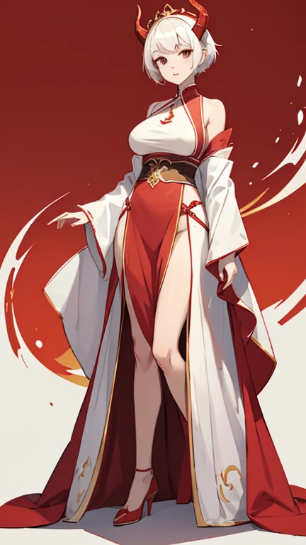 a girl，white short hair，Red and white Hanfu，Leaky thighs，High heel，huge breasts，slender waist，Perfect body，Standing posture，full body picture，