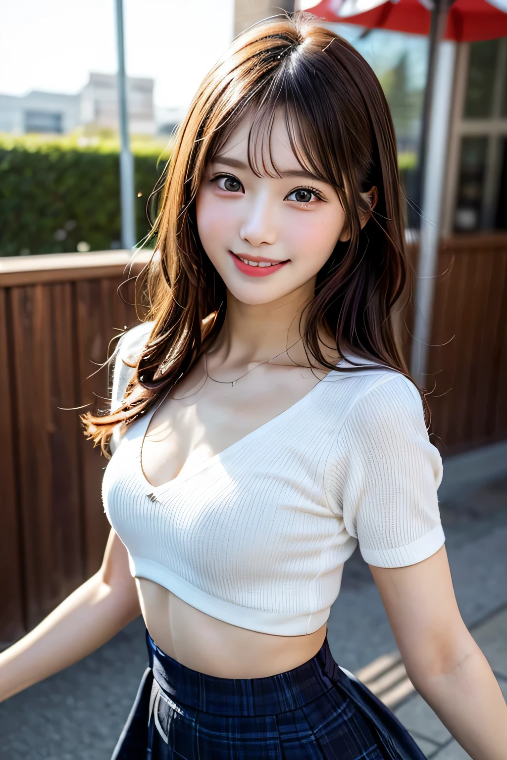table top, highest quality, shape, Super detailed, finely, High resolution, 8k wallpaper, 完璧なダイナミックな構shape, beautiful and detailed eyes, (((smile like an idol))), ((Very small underwear)), ((Lift up your skirt and show your panties)), medium hair, ((G-Cup)), (((show off your chest))), (body facing forward,face to face:1.3), 20 year old girl, cowboy shot,