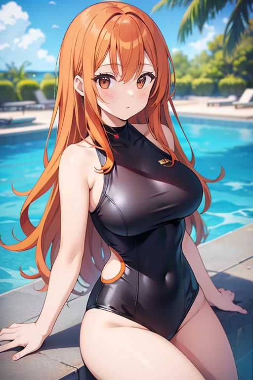 A beautiful orange haired woman wearing a black 2 piece swimsuit