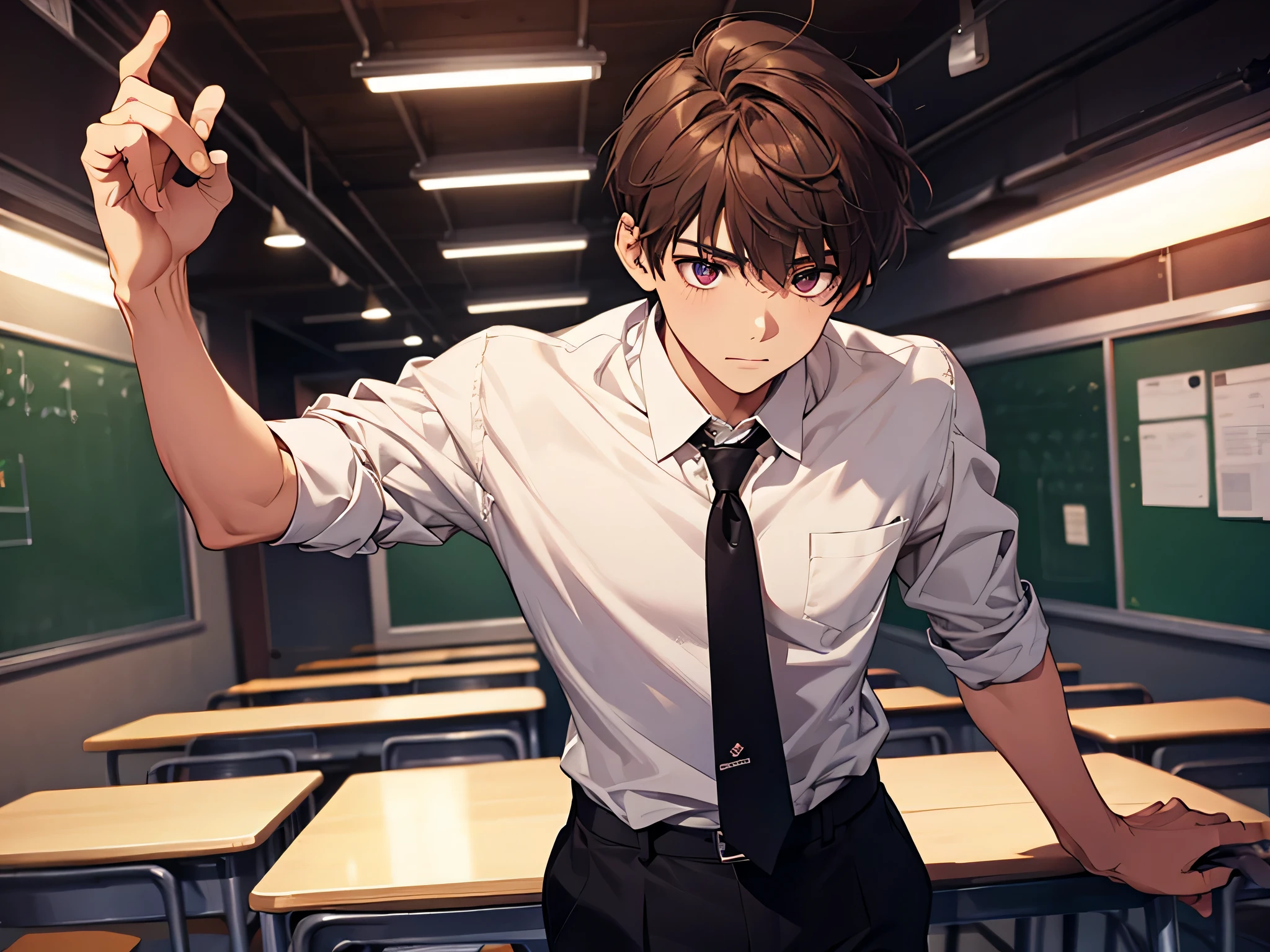 1 man, student, wearing white shirt, standing in front of the class, weak face, brown hair, short hair, face to detail, detailed eyes, the background is in school, half-body illustration