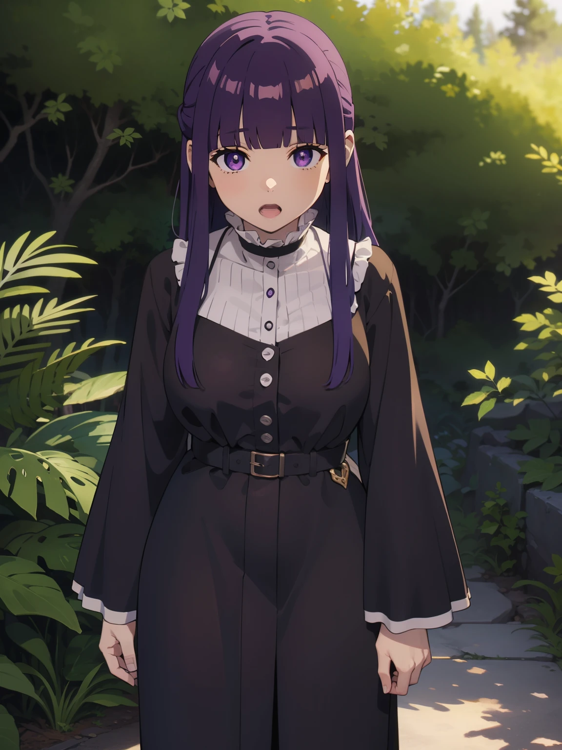 freirenfern, fern, purple hair, long hair, purple eyes, blunt bangs, sidelocks, half updo, bright pupils, (large breasts, 1 girl), frilled collar, black robe, white dress, center frills, buttons, wide sleeves, long sleeves, curvy, frilled collar, BREAK Masterpiece, best quality, high resolution, 8K, official art, super resolution, extremely detailed and beautiful, extremely detailed, amazing and detailed, highly detailed beautiful girl, highly detailed face, highly detailed eyes, highly detailed skin, highly detailed fingers, highly detailed nose, very detailed mouth, perfect anatomy BREAK Full body shot, Looking down, pray BREAK hill, nature, forest, extremely detailed CG unity 16k, very fine 16KCG wallpapers
