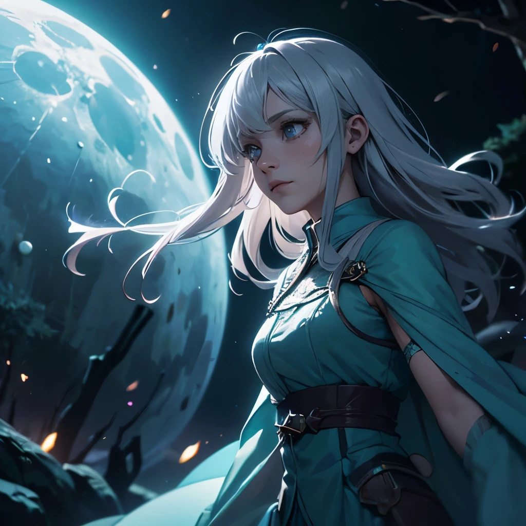depth of field, cinematic lighting, motion blur, chromatic aberration, ray tracing, anime, 8k, super detail, best quality, 1080P, HD, 4K, 16k, UHD, HDRI. Aria, a silver-haired mage, Embarking on a moonlit journey, Aria, accompanied by Lumina, ventures into the Whispering Woods, a mystical forest where ancient spirits and magical creatures dwell, seeking the elusive Eclipsed Grove—a sacred realm rumored to hold the key to unlocking her latent arcane abilities. In her blue dress