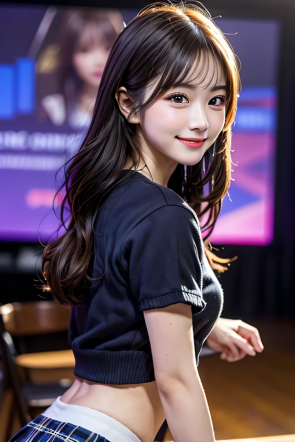 masterpiece, best quality, full body, 1girl, bangs, japanese, black long hair,Tshirt,collarbone , eyebrows visible through hair, gradient hair,long hair, looking at viewer, dress,smile, solo,sofa,illustration, fashionable, woman, vibrant, outfit, posing, front, colorful, background, elements, confident, expression, holding, statement, accessory, coiled, around, touch, scene, bold, stylish, font, catchy, headline, larger, striking, modern, trendy, focus, fashion