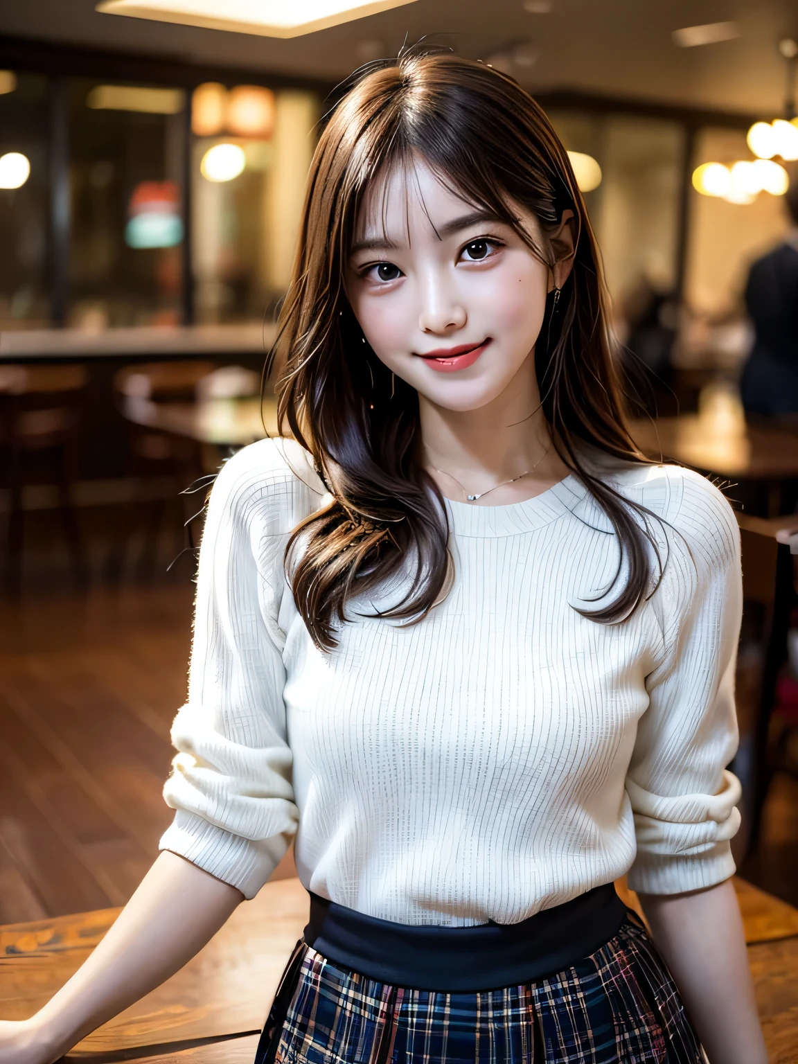 NSFW, table top, highest quality, shape, Super detailed, finely, High resolution, 8k wallpaper, 完璧なダイナミックな構shape, beautiful and detailed eyes, (((smile like an idol))), ((Lift up your skirt and show your panties)), medium hair, ((G-Cup)), (body facing forward,face to face:1.3), 20 year old girl, cowboy shot,