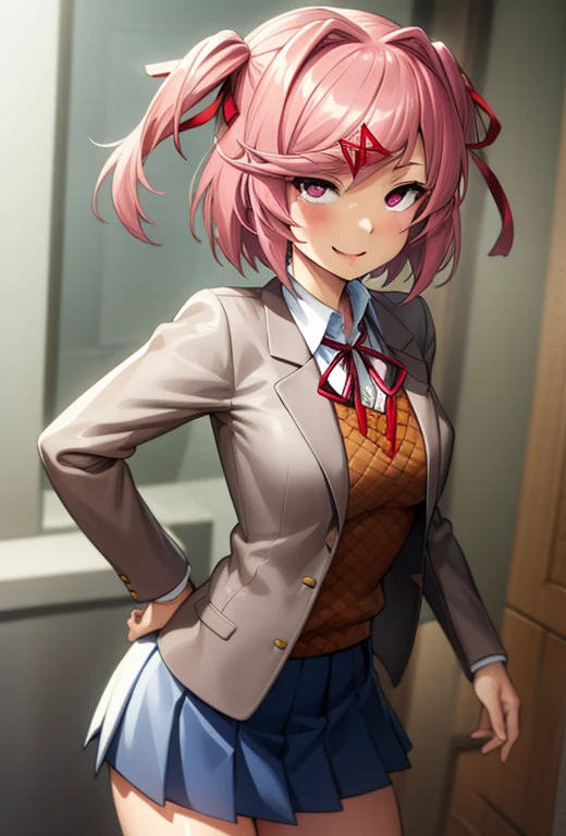 ((masterpiece)), (best quality), (detailed), 2d, natsuki, pink eyes, pink hair, two side up, hair ornament, hair ribbon, school uniform, blazer, brown sweater, collared shirt, neck ribbon, blue skirt, opened mouth, smile, rolling eyes, clitoral stimulation, drooling