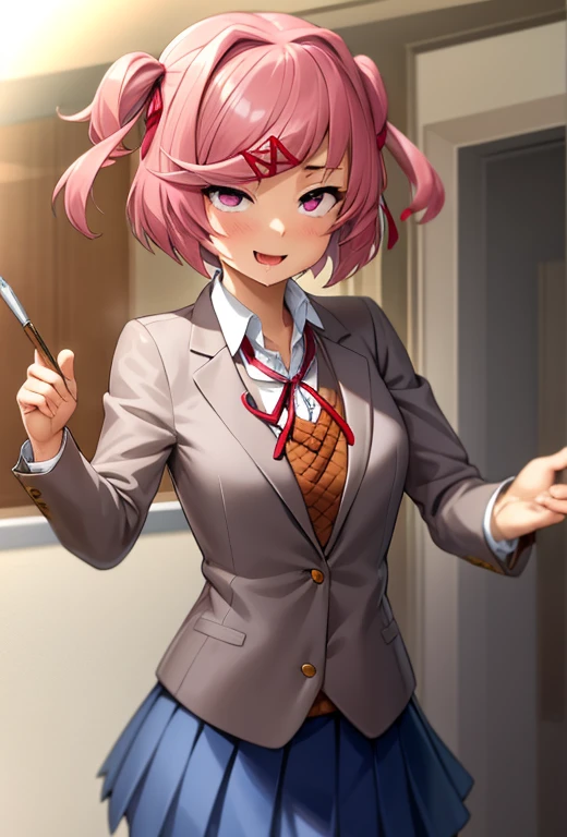 ((masterpiece)), (best quality), (detailed), 2d, natsuki, pink eyes, pink hair, two side up, hair ornament, hair ribbon, school uniform, blazer, brown sweater, collared shirt, neck ribbon, blue skirt, opened mouth, smile, rolling eyes, clitoral stimulation, drooling