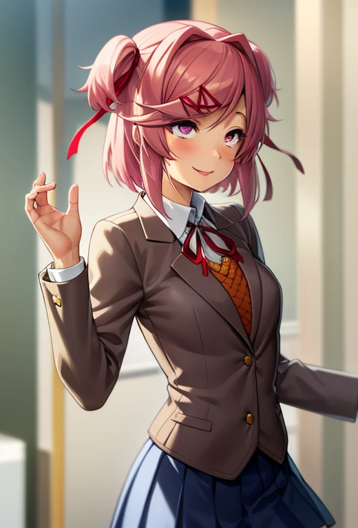 ((masterpiece)), (best quality), (detailed), 2d, natsuki, pink eyes, pink hair, two side up, hair ornament, hair ribbon, school uniform, blazer, brown sweater, collared shirt, neck ribbon, blue skirt, opened mouth, smile, rolling eyes, clitoral stimulation, drooling