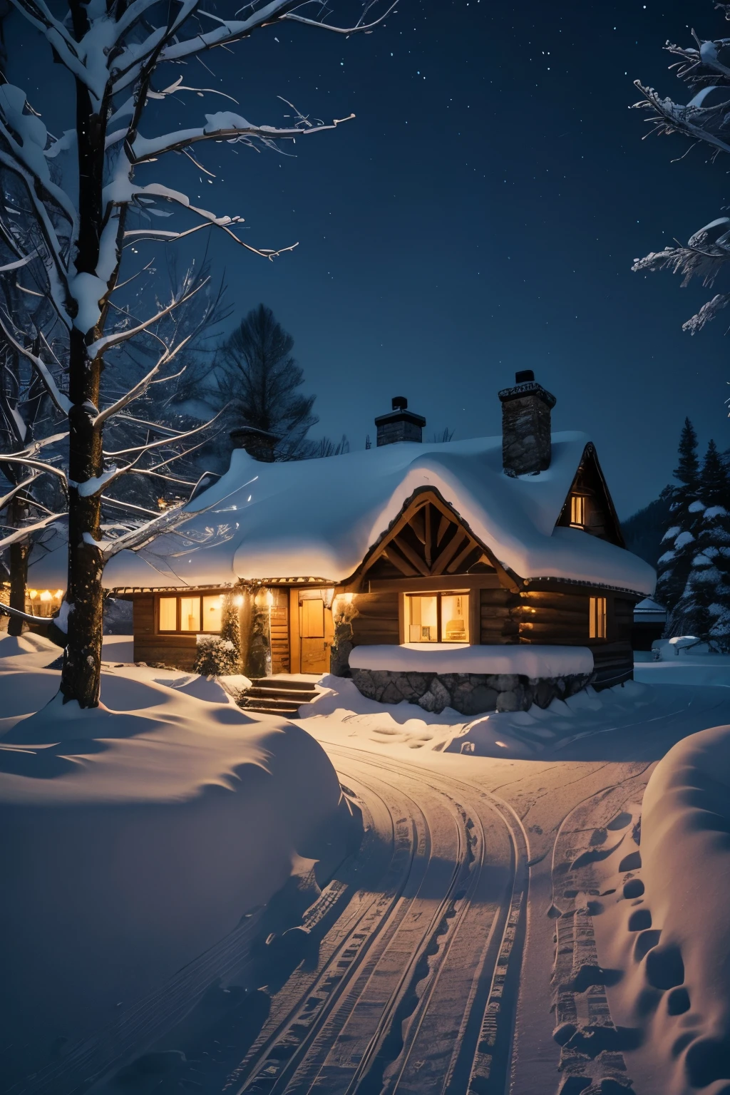 a quiet winter night in the mountains, the thatched house is covered with snow. Warm-toned light shines through the windows, creating a cozy atmosphere inside and contrasting with the cold blue tones of the snowy interior. The dark night sky and surrounding environment accentuate the illumination of the house. This secluded area has a slightly off-the-beaten-path feel, as evidenced by the lights and footpaths in the snow.