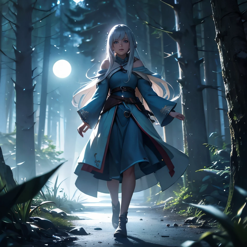 depth of field, cinematic lighting, motion blur, chromatic aberration, ray tracing, anime, 8k, super detail, best quality, 1080P, HD, 4K, 16k, UHD, HDRI. Aria, a silver-haired mage, Embarking on a moonlit journey, Aria, accompanied by Lumina, ventures into the Whispering Woods, a mystical forest where ancient spirits and magical creatures dwell, seeking the elusive Eclipsed Grove—a sacred realm rumored to hold the key to unlocking her latent arcane abilities. In her blue dress