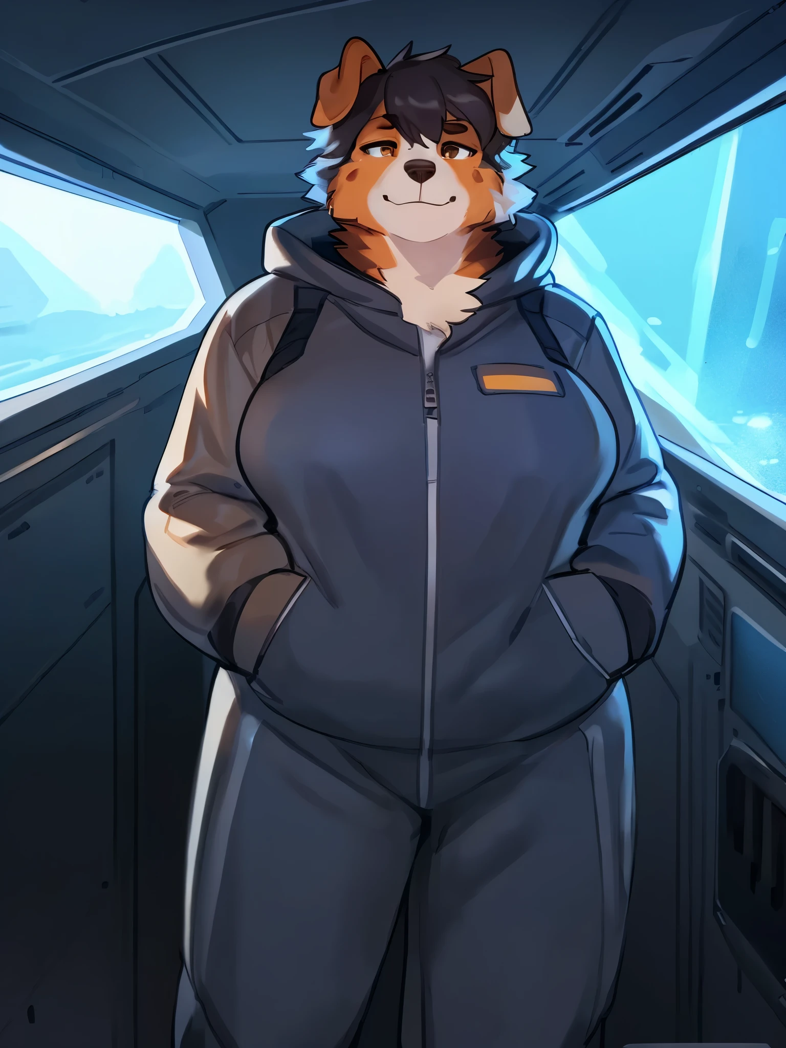 By bebebebebe, by lostgoose, by goonie-san, solo, female, canine, australian shepherd, fluffy, slightly chubby, standing, standing, hair, grey spacesuit, spaceship, window, space