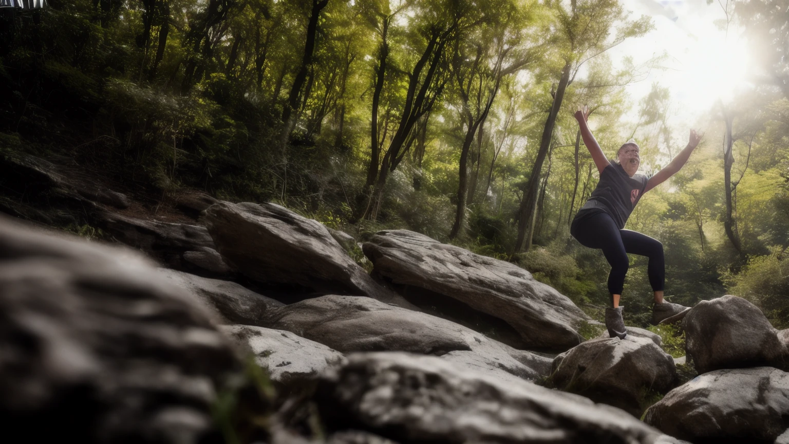 hyper ultra realistic photographs full body of A hiker, having conquered a particularly challenging climb, bursts into a spontaneous victory dance atop a rocky outcrop. Their arms pump the air, legs kick high, and a joyous shout echoes through the valley. The wind carries their laughter, a testament to the pure joy of achievement and the thrill of the outdoors. ratio 16:9, 4k, 8k resolution, High quality photo, high detailed, imagesharp focus, Cinematic lighting,hyperdetailed & Unreal engine, detail, realism, photography,cinematography, camera NIKON, lens NIKKOR flagship, masterpiece. hyper-maximalism, ultradetailed photorealistic, light skin imperfections, final render, vray, photo, fashion