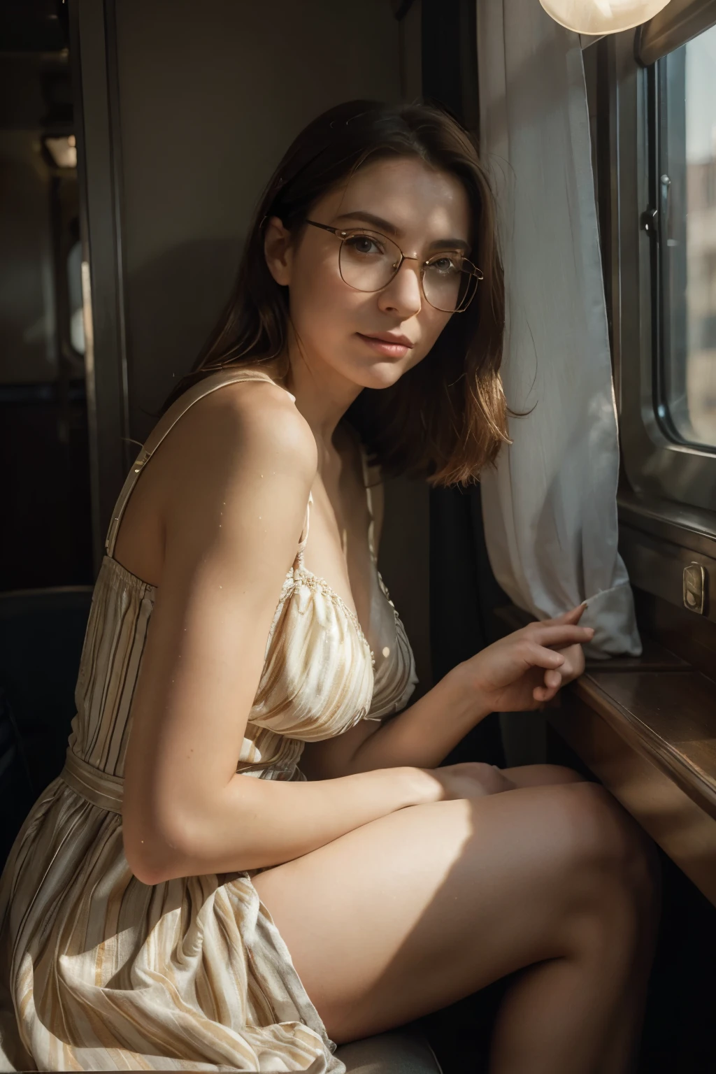 (Best quality, Ultra detailed, Golden ratio, Masterpiece:1.2), Theatrical lighting:0.7, Photo of a woman, dressed in a very elegant and pretty dress, Perfect rare face, (Highly detailed skin), randomly dyed hair, Hide your mouth with your hands、Ridicule, skin texture, Pale skin, shiny skin, (thin, large size:1.2), [:(Sharp focus on rare face, perfect eyes:1.2):0.2], photorealistic, film grain, Put one foot forward、from below looking up、look at camera、Emphasize the shoulders, Focus on face、Stockings、glasses、Smile with corners of mouth raised、disdainful expression, summer haze, muted colors, muted warm colors, Photo cinematic portrait of a woman dressed in a striped dress sitting by the window in the early morning, cinematic, (tilted:1.3) (on an old train) look cautious, standing under a spotlight, volumetric dust clouds, key light, backlight, soft natural lighting, photography Film grain ISO 400 30 mm lens RAW f1.8 aperture, highly detailed (analog photography:1), colors hdr