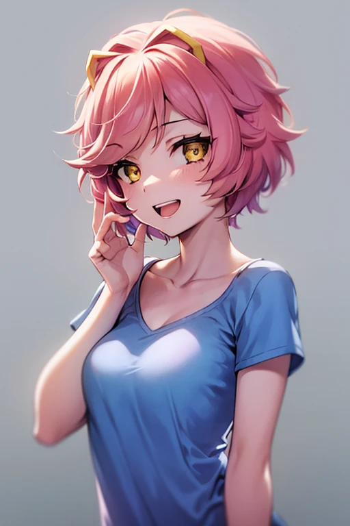 1girl, solo, breasts, short hair, medium breasts, shirt, white background, collarbone, yellow eyes, upper body, pink hair, short sleeves, horns, teeth, blue shirt, happy, emphasis lines, natsuki, pink hair