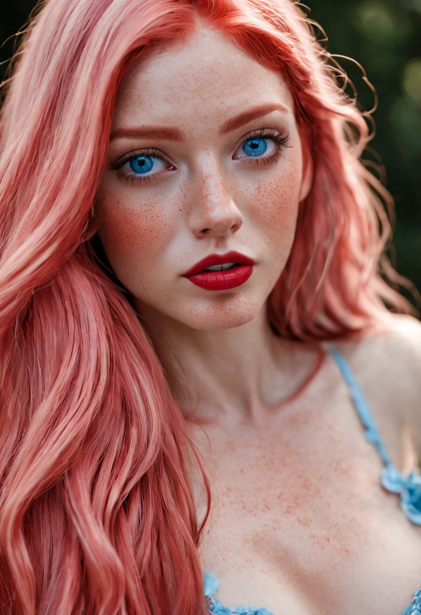 High face quality, high body quality, perfect body, perfect face, long pink hair, very long hair, red lips, blue eyes, freckles on the face, high quality