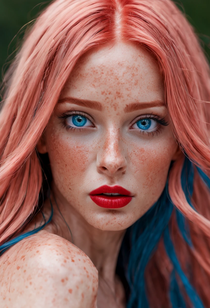 High face quality, high body quality, perfect body, perfect face, long pink hair, very long hair, red lips, blue eyes, freckles on the face, high quality 