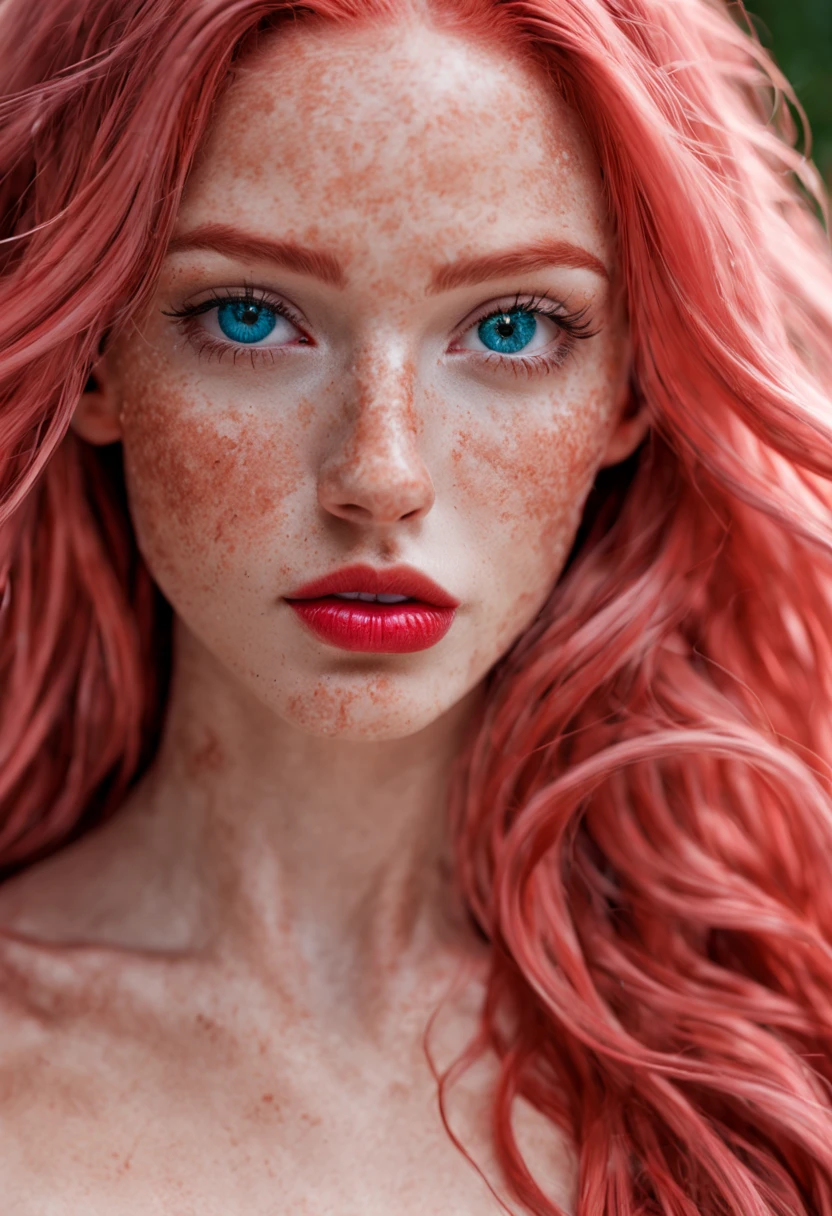 High face quality, high body quality, perfect body, perfect face, long pink hair, very long hair, red lips, blue eyes, freckles on the face, high quality 