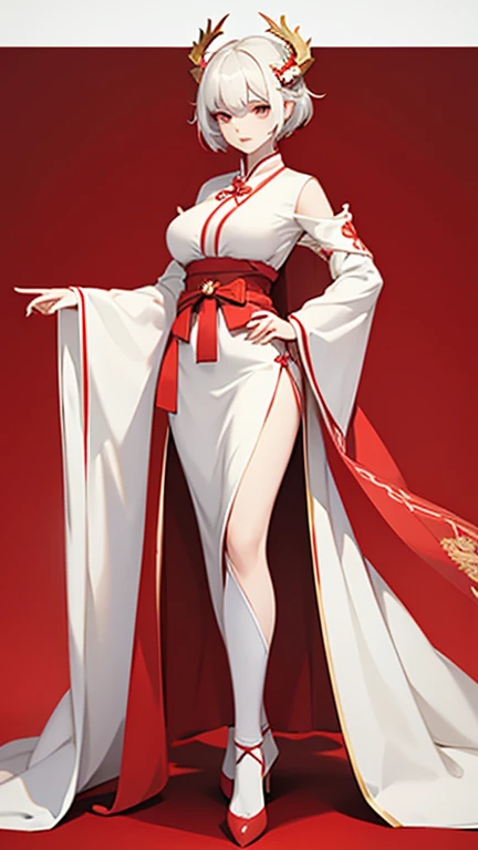 a girl，white short hair，huge breasts，slender waist，There are two dragon horns on the head，Wearing red clothes，The type of clothing is Hanfu，golden headdress，red and white background color，Standing posture，wearing high heels。Perfect body。