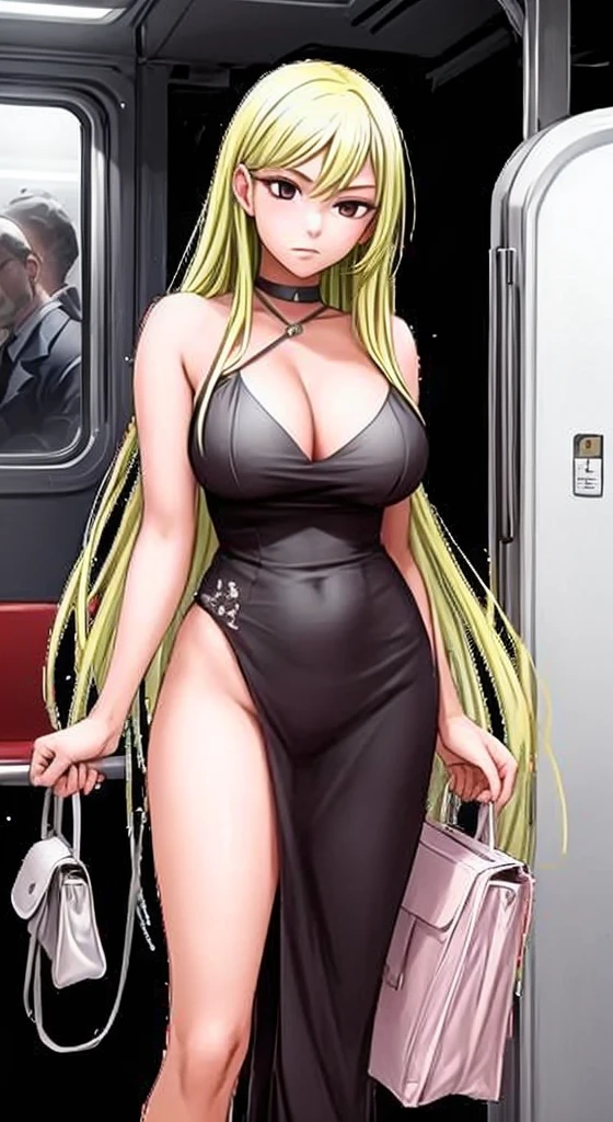 A beautiful woman with long hair, big breasts, and beautiful legs is standing in an erotic outfit with a displeased expression on a train with middle-aged men in suits.。