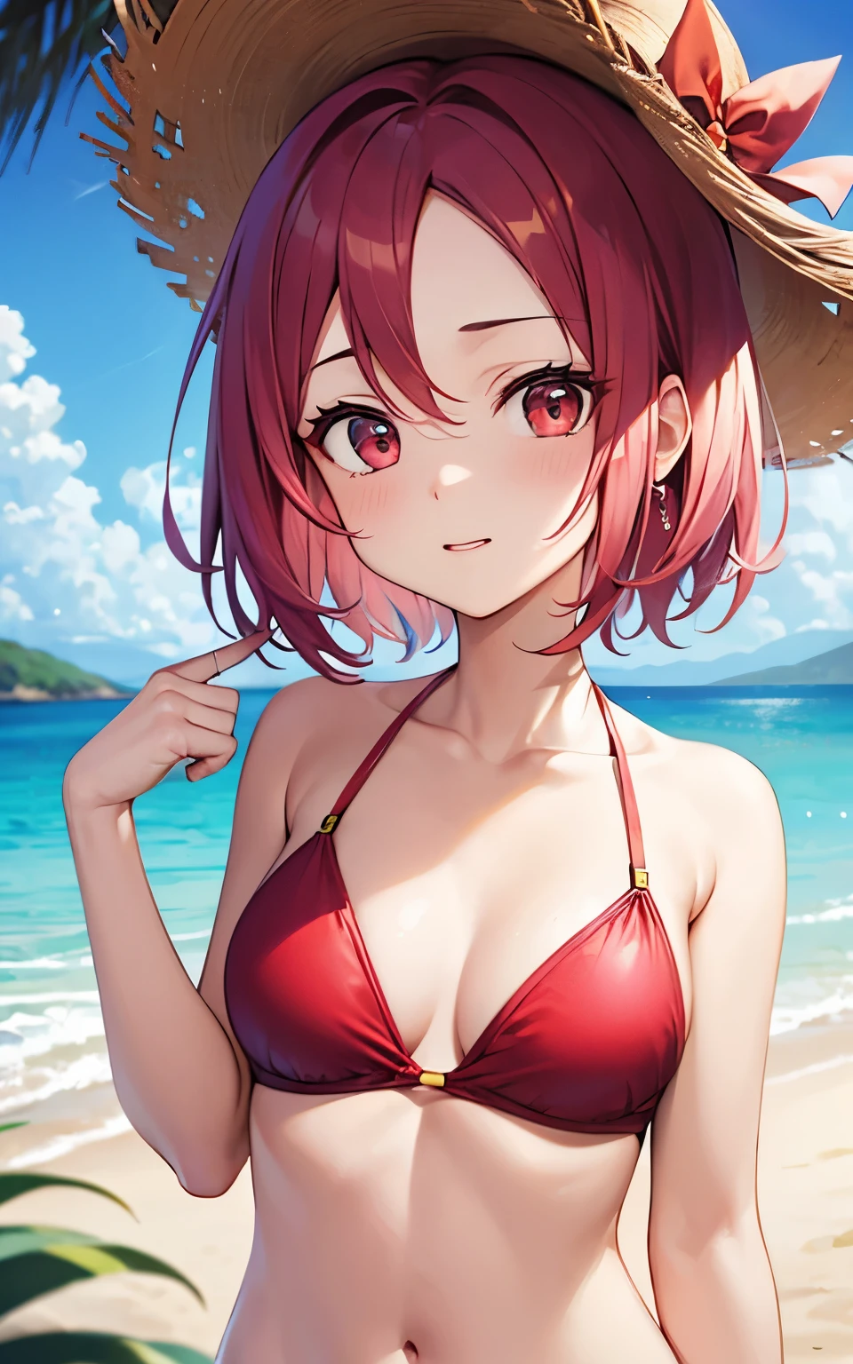 forehead、Resort beaches、pink hair、very short hair、red eyes、red bikini、Upper body is shown、Odeco is visible、