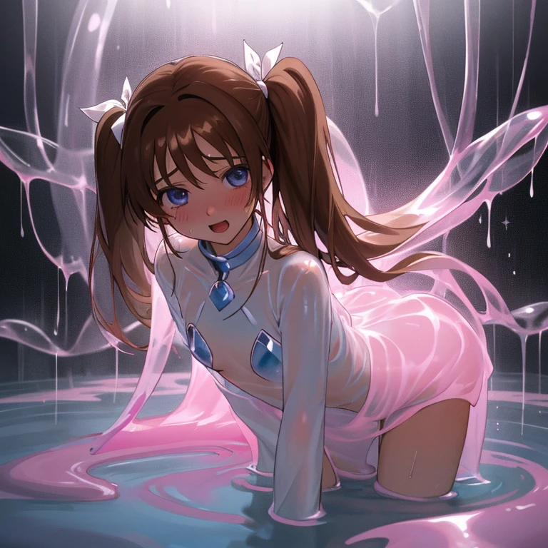 {{{{amazing quality, great quality, high quality, very aesthetic, aesthetic, best quality}}}},
realistic, photo, shadow, Three-dimensional, absurdres, Digital art,
{{{magical girl lyrical nanoha}}}, {{{Nanoha Takamachi}}}, ,
brown hair, medium hair, shiny hair, twin tails, white ribbon,
blue eyes, big eyes, round eyes, tareme,
{{flat chest}}, {{small breasts}}, {{detailed body}}, slim thighs, thin thighs,
{{{{Magical girl}}}}, beautiful girl, one girl, cute, pretty, lovely, charming, teenage, kaw younger sister,
distress, resistance, defeat, inferiority, absurdres, aroused, sexual pleasure, troubled face, shy, orgasm, sensitive body, Sweat, trembling, {{torn clothes}}, {{wet clothes}}, {{melted clothes}}, {{transparent clothes}}, {{damaged clothes}}, {{Completely nude}}, {{half-naked, girl}} gets wet, wet hair, A girl is immersed up to her waist in cloudy liquid, A girl is immersed up to her shoulders in cloudy liquid, A girl is covered in cloudy liquid, upper body, slime bath, A huge transparent pink slime attacks a girl, A huge transparent pink slime clings to the girl's body, A huge transparent pink slime clings to the girl's chest, A huge transparent pink slime caresses a girl's breasts, A huge transparent pink slime clings to the girl's crotch, A huge transparent pink slime caresses the girl's crotch, Transparent pink slime covers the girl's breasts, Transparent pink slime covers the girl's crotch,