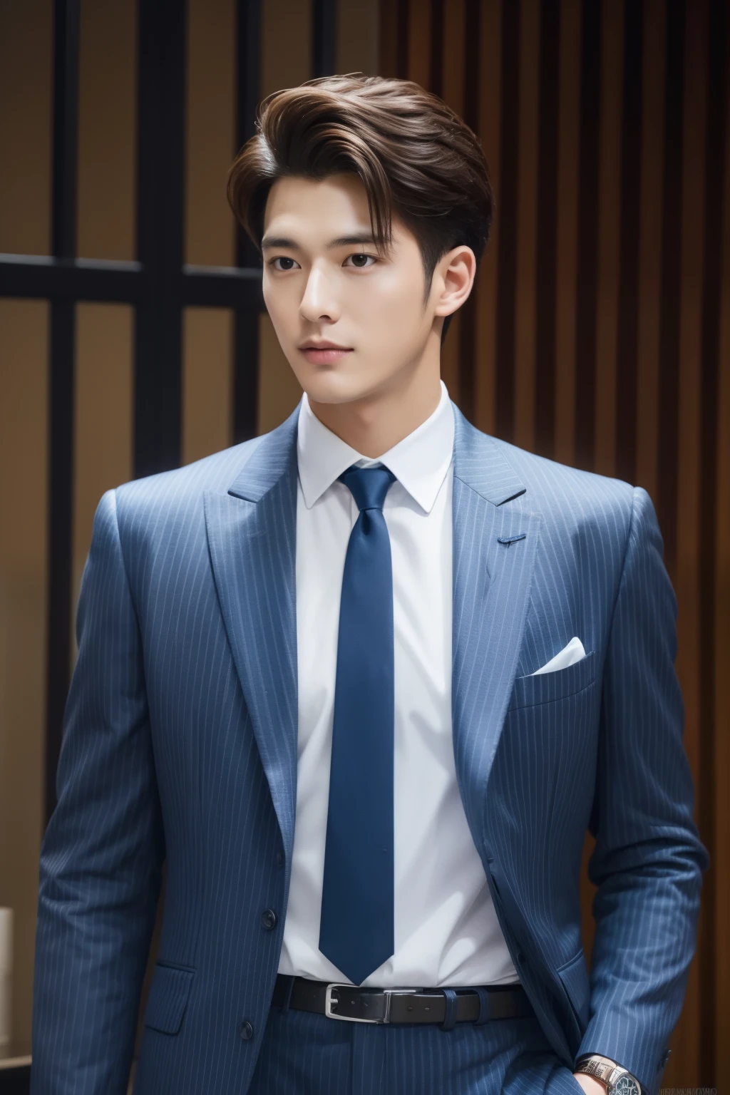 Fresh and handsome 20-year-old new employee、　（Super handsome guy in S-class suit）、　Japanese 20-year-old boy、　merchant、　ultra luxury suit、　striped suit、　office room、　Stand up in a suitＳYoung and handsome man、　fully body photo、　（CG Unity 8K high-detail photos）、　（A very detailed oneＳThe handsome guy in the class）、　（photoreali）、　　（（top-quality））、　ultra - detailed、　（masterpiece）、　super high image quality、　tall、　peeping at the viewer、　Pan、　Very beautiful hair、　short detailed hair、　Bright photo、　As handsome as a model、　As handsome as an idol、　luxury watches、　cool belt