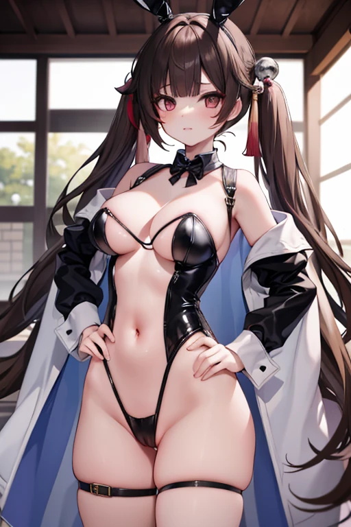 masterpiece, best quality,sushang, large breast, twintails, 1girl, masterpiece, best quality, highly detailed, horny face, camel toe, wide hip, perfect body, translucent bunnysuit, hand on hip, large breasts, wrist cuffs, detached collar, multiple boys, stripper, rabbit ears, crowd, race queen, photographer, masterpiece, best quality, highly detailed