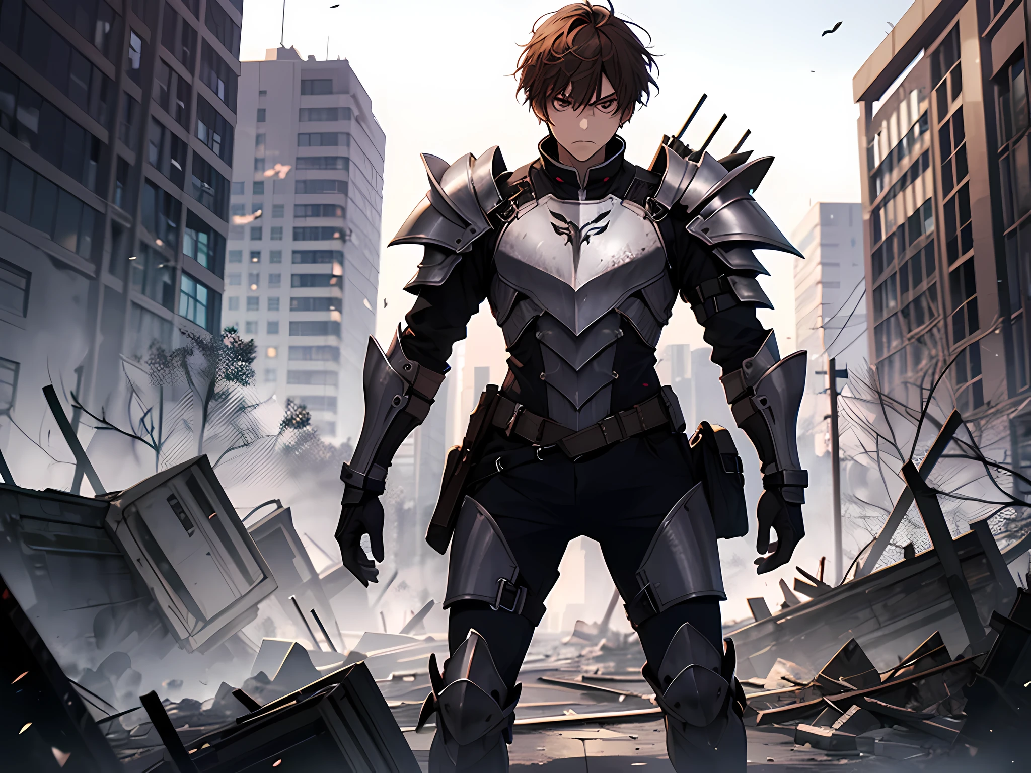 1 man, student, wearing red full body armor, standing in the middle of destroyed city, angry face, brown hair, short hair, face to detail, detailed eyes, the background is destroyed city, half-body illustration