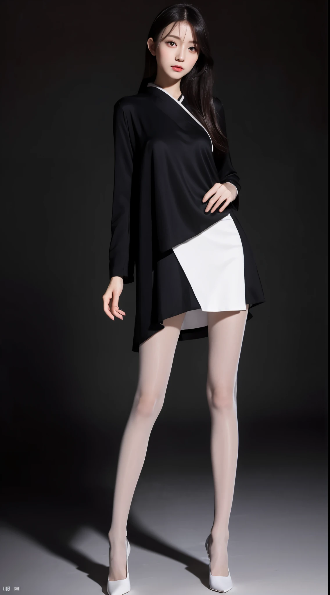 Ultra HD resolution，top quality，clear eyes，Without makeup，lip gloss，is a perfect face，White skin，Hanfu，perfect ，Slender legs，black pantyhose，black background