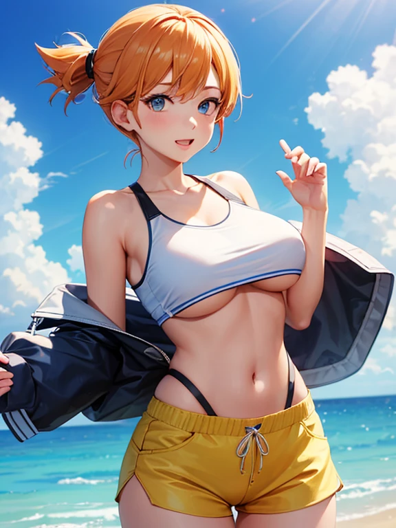 Misty from pokemon, orange hair, red suspenders, yellow tank top, blue shorts, underboob, ocean, squirtle in the background