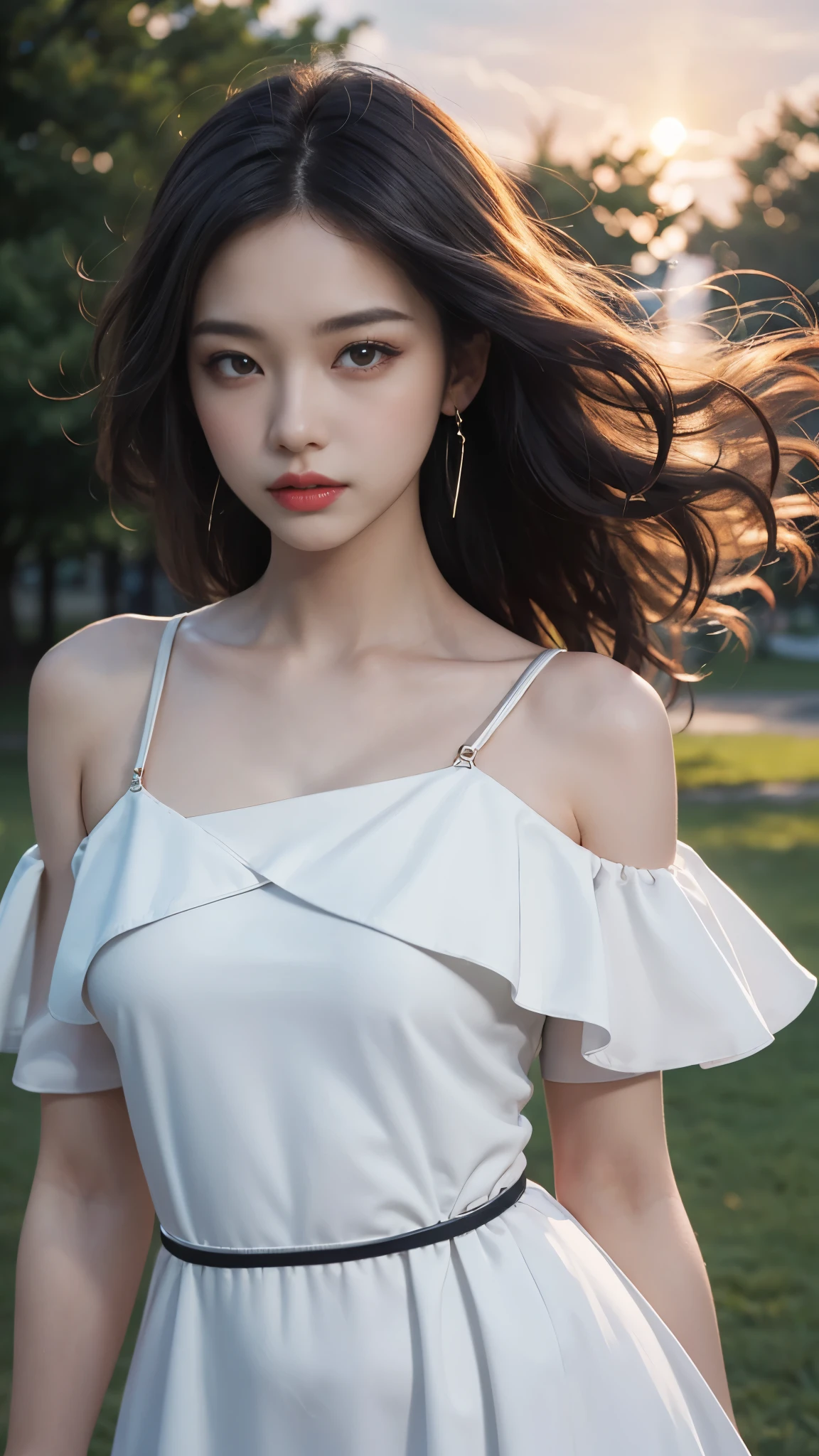 8k, masterpiece, 1 girl, beautiful face, very long hair, light makeup, detailed eyes, detailed lips, ((medium Curved figure)), (simple dress:1.4), (white dress:1.4), (wearing jewellery), (strap:1.4), (bare shoulder:1.4), in the park, sunset, evening, blowing wind, hair spreading,