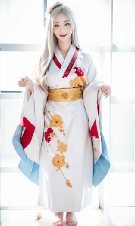 1girl, solo, japanese_clothes, long_hair, kimono, hand_fan, red_eyes, full_body, hair_ornament, makeup, downblouse, very_low_claveage_exposed_half_of_breasts, showing_half_Very_large_breast, transparent_background, very_long_hair, lipstick, hair_stick, holding, folding_fan, wide_sleeves, white_hair, flower, red_lips, sash, personification, standing, jewelry, hair_flower, holding_fan, hair_rings, obi, long_sleeves, white_kimono, (8k, Best Quality, Masterpiece:1.2), (Realistic, Photorealistic:1.37), Ultra Detail, 1 Girl,Cute,Solo,Beautiful Detailed Sky,Date,(Blush),(Smile:1.15),(Closed Mouth)Small Breasts,Beautiful Detailed Eyes,(Long Hair: 1.2),Floating Hair NovaFrogStyle, Upper Body