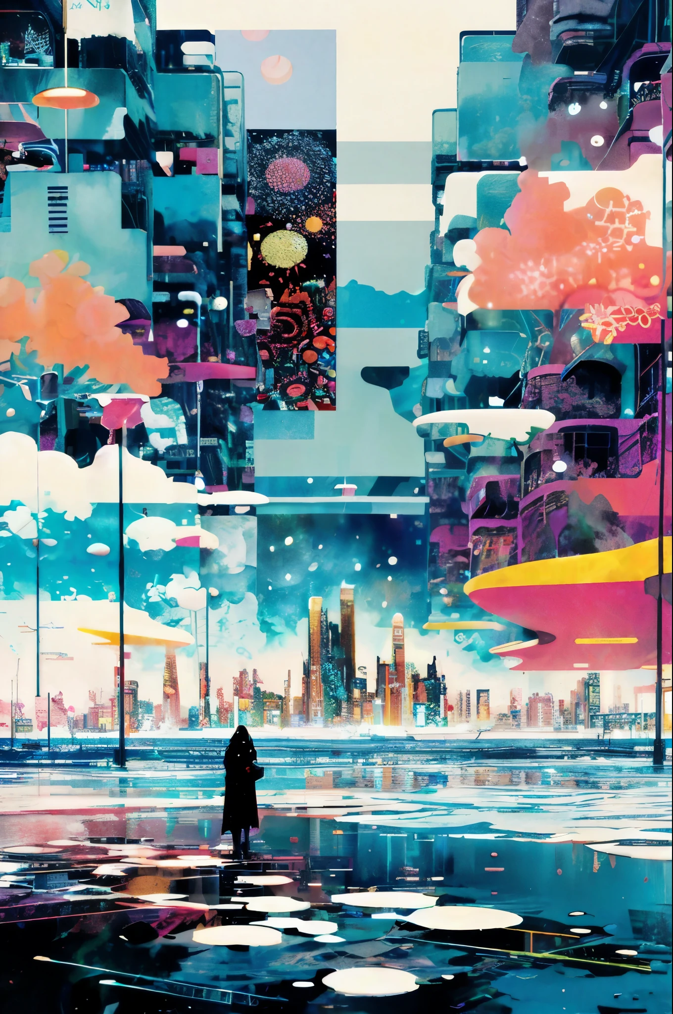 anime city with a person walking in the rain, dreamy colorful cyberpunk colors, cyberpunk dreamscape, victo ngai cyberpunk style, anime style cityscape, colorful dystopian futurism, victo ngai! cmyk palette, style hybrid mix of beeple, digital cyberpunk - anime art, cloudpunk, digital cyberpunk anime art, colorful city, greg beeple