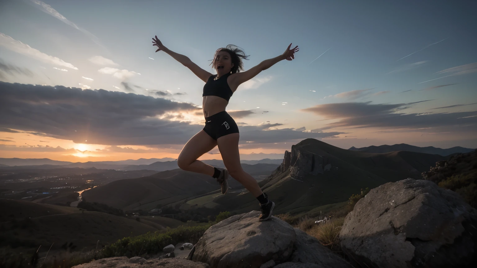 hyper ultra realistic photographs full body of A lone hiker, silhouetted against a fiery sunset, reaches the peak of a windswept mountain. With a joyous yell, they launch themselves onto a flat rock at the summit, arms outstretched, celebrating their victory over the challenging climb. ratio 16:9, 4k, 8k resolution, High quality photo, high detailed, imagesharp focus, Cinematic lighting,hyperdetailed & Unreal engine, detail, realism, photography,cinematography, camera NIKON, lens NIKKOR flagship, masterpiece. hyper-maximalism, ultradetailed photorealistic, light skin imperfections, final render, vray, photo, fashion
