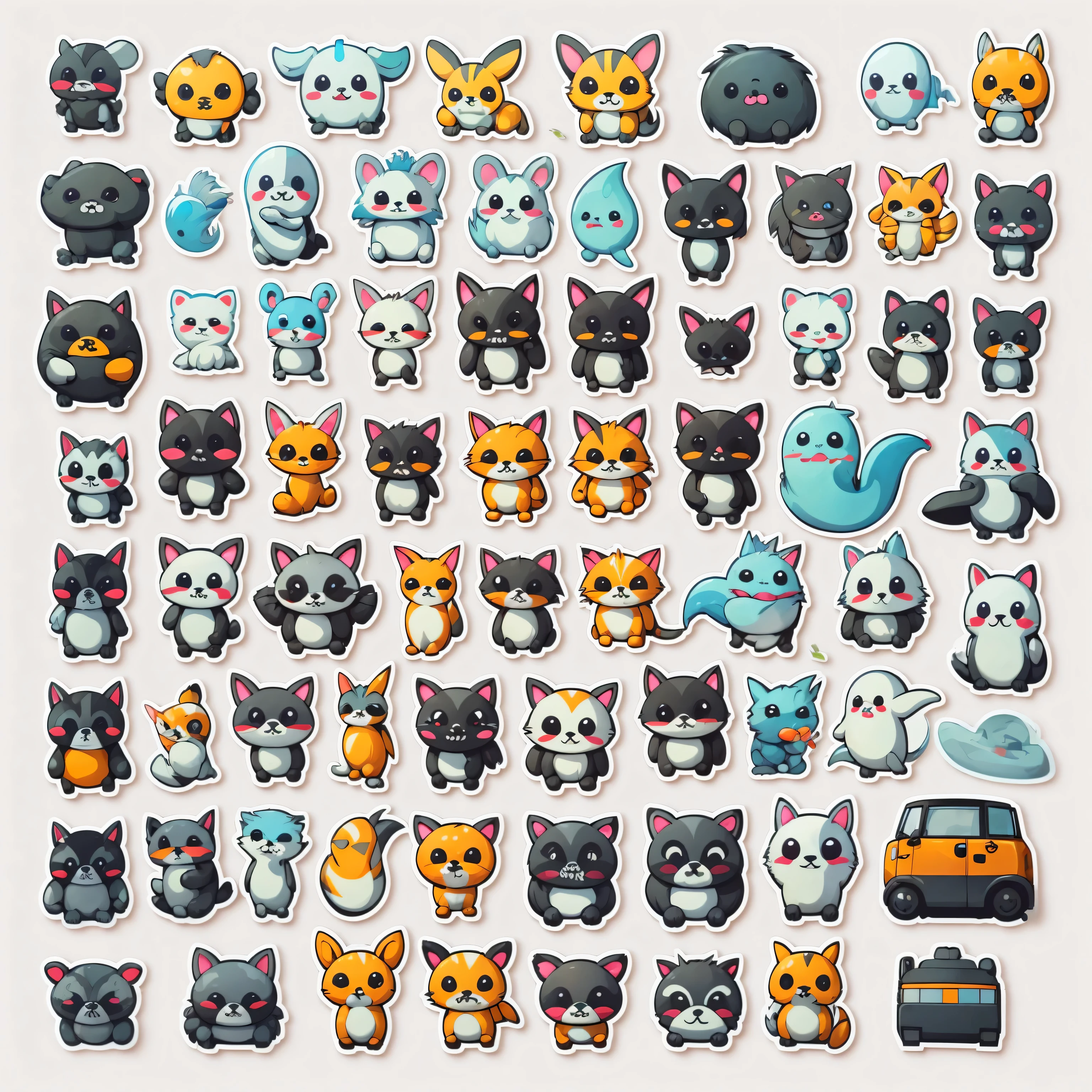 16 stickers, animals, ghosts, machines etc, white background, simple background, no gradient, Alignment, icon