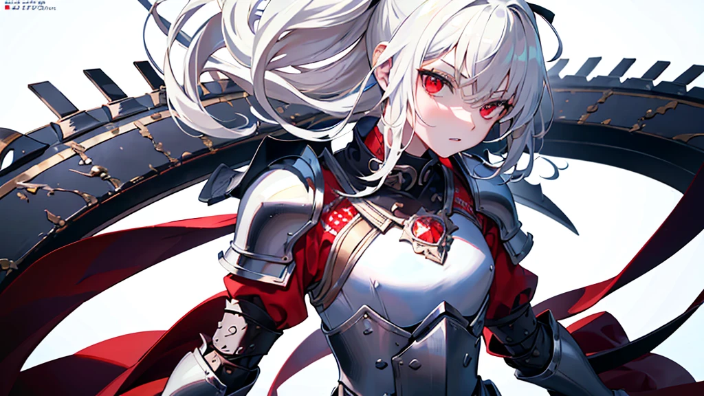 ((best quality)), ((masterpiece)), (detailed), perfect face，Exquisite facial expressions，The supreme work，Perfect image quality，8K，high ponytail，warrior，warrior刀，Wearing heavy armor，one person，girl，flat chest，full-body shot，white hair，red eyes，sideways，stand，White background，Poker face