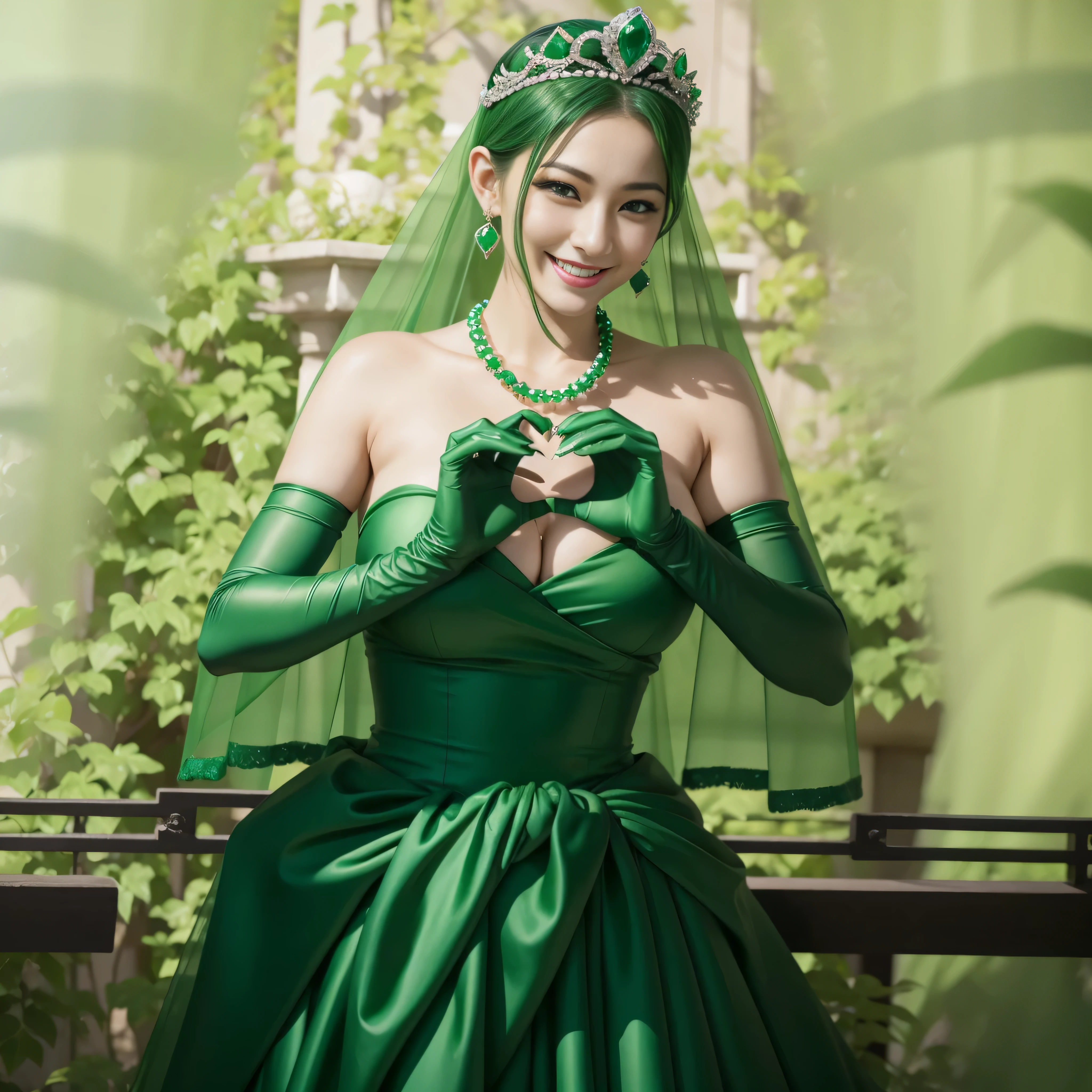 emerald tiara, green pearl necklace, ボーイッシュな非常に短いgreen hair, lipstick, smiling Japanese woman, very short hair, Beauty with large breasts, green eyes, Long Green Satin Gloves, green eyes, emerald earrings, green veil, heart with both hands, green hair, beautiful japanese woman, heart shaped hand:1.3