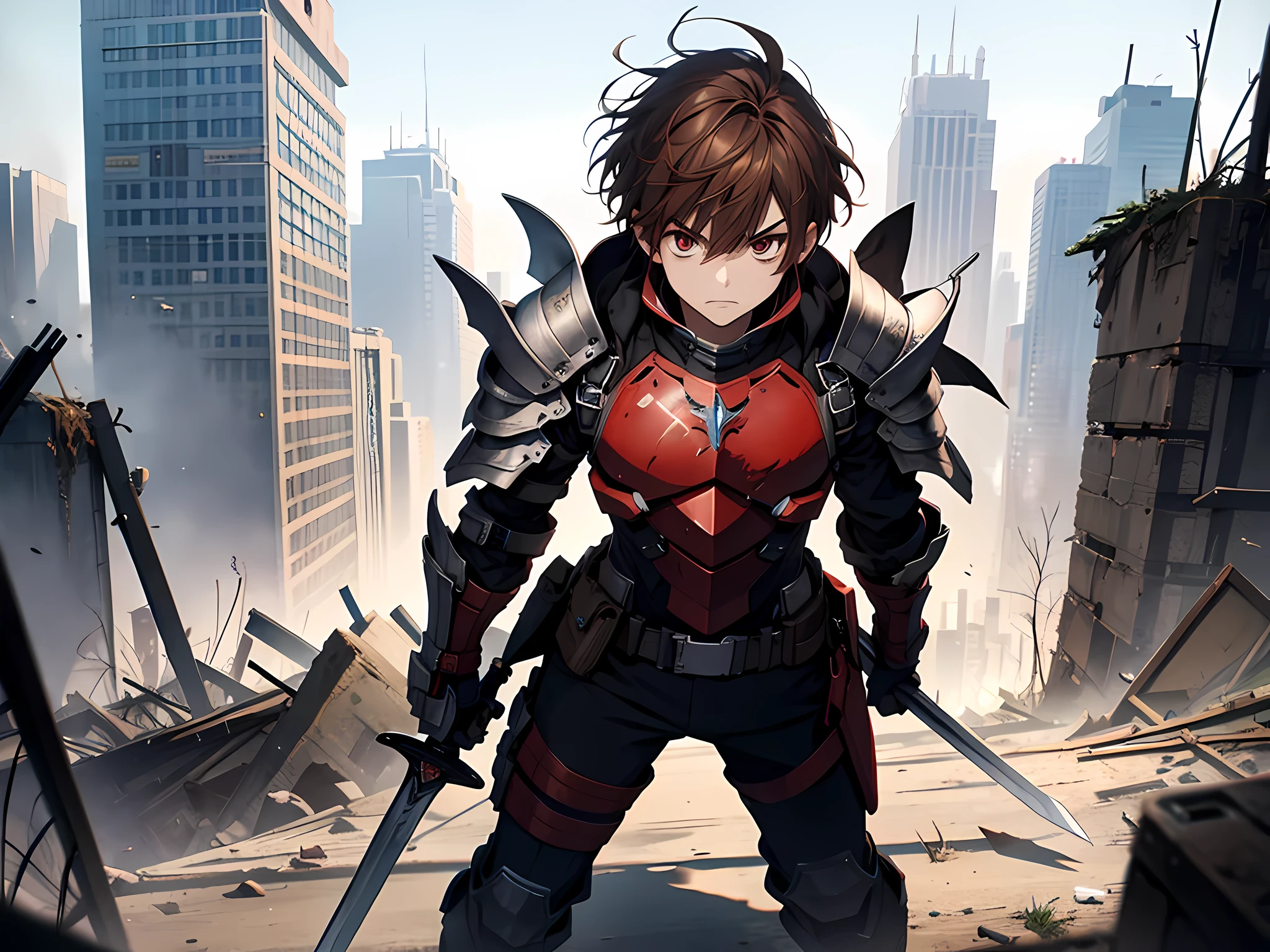 1 man, student, wearing full body armor with red colors, standing in the middle of destroyed city while holding a sword, angry face, brown hair, short hair, face to detail, detailed eyes, the background is destroyed city, half-body illustration