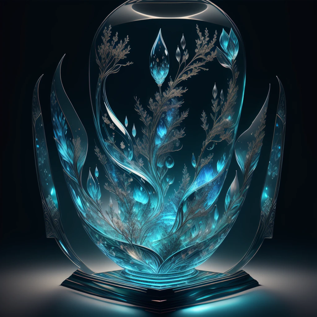 A masterpiece of glass sculpture，There are plants inside, water,A Song of Ice and Fire，luminescent, fantasy, high quality, high detail, best quality,