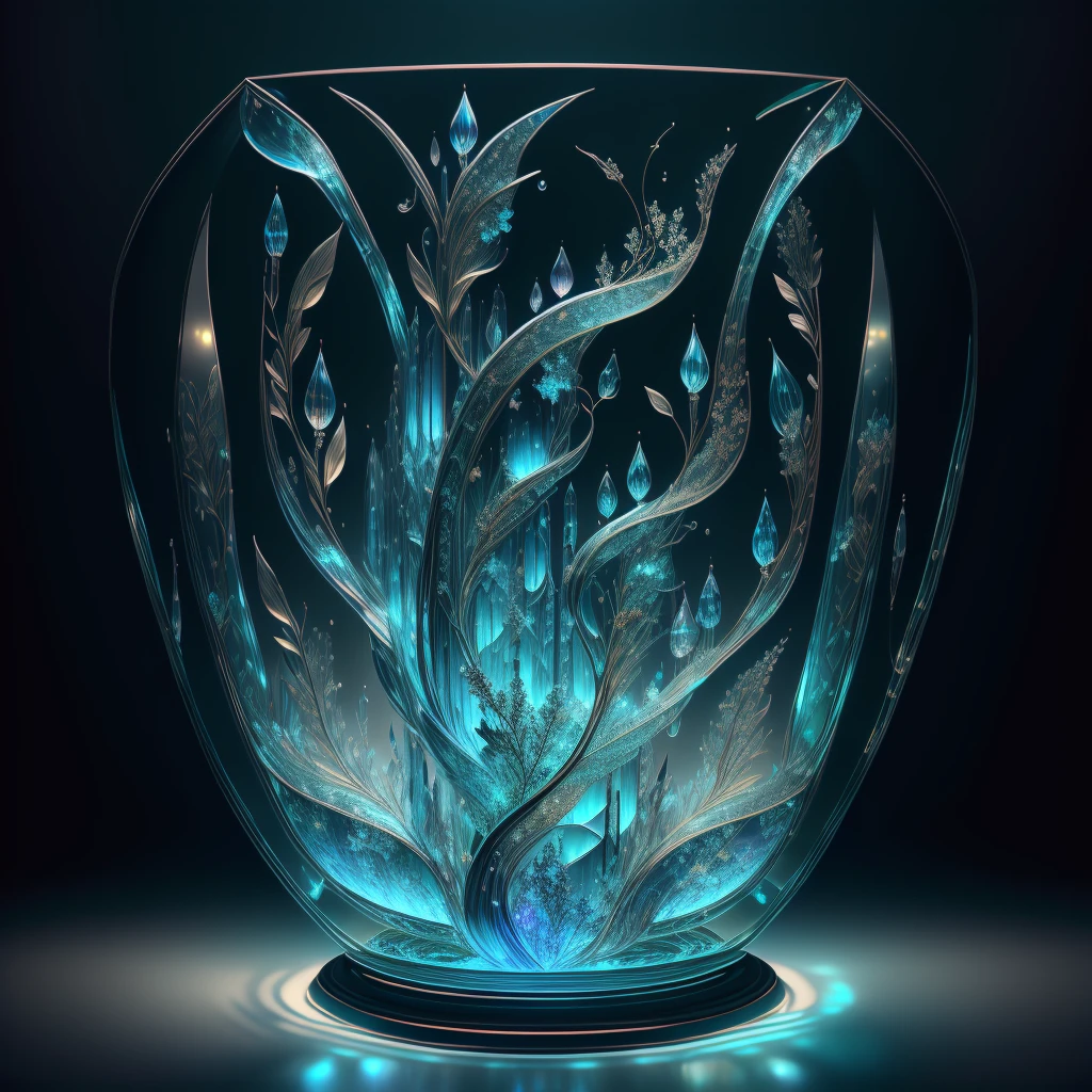 A masterpiece of glass sculpture，There are plants inside, water,A Song of Ice and Fire，luminescent, fantasy, high quality, high detail, best quality,