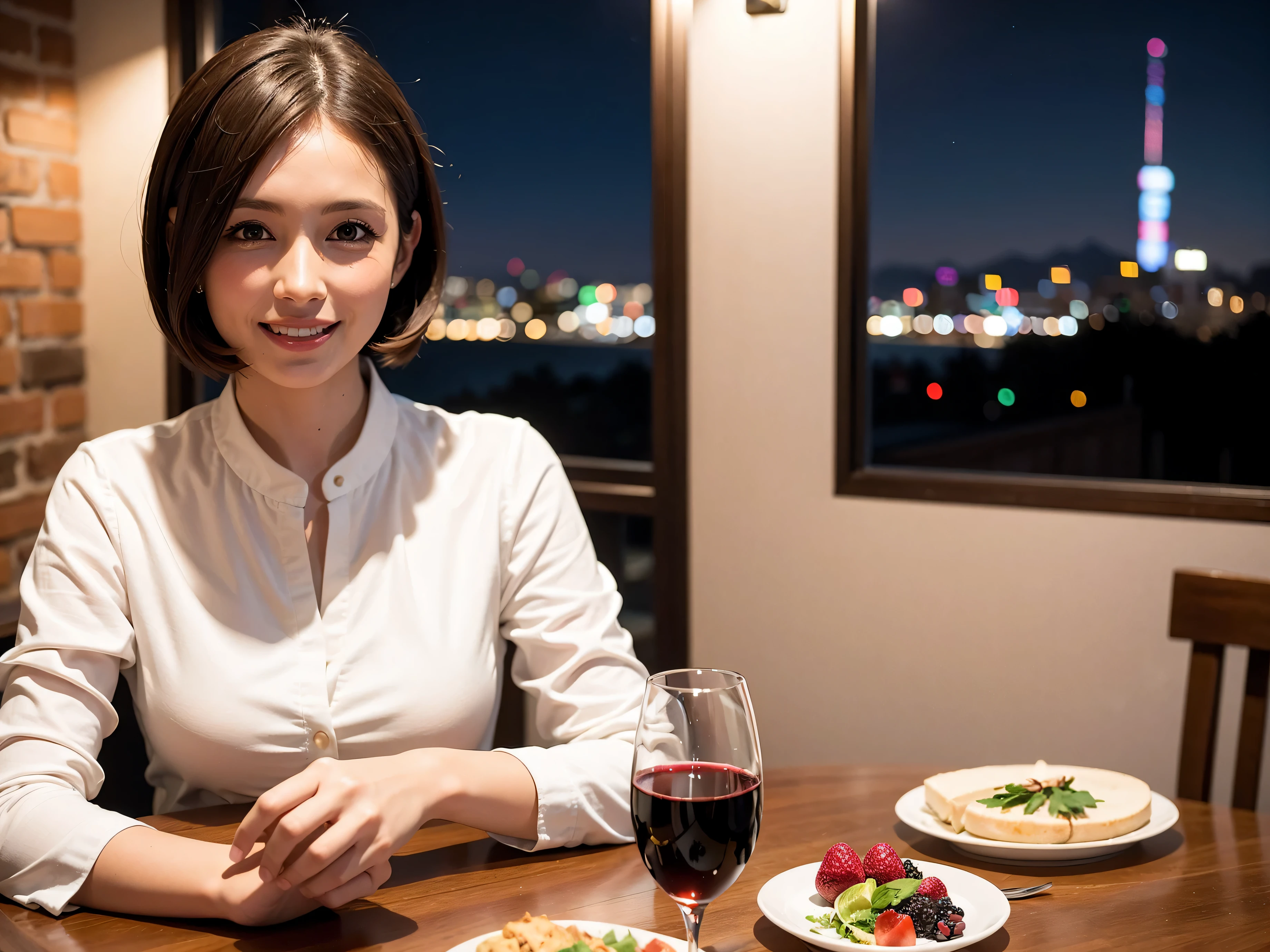 64k, UHD, highest quality, masterpiece: 1.2), (realistic, photorealistic: 1.37), Super detailed, slimな美女3名, (slimフェイス),Happy、 最高なsmile、Fox Face、Berry Short、(because I&#39;thin), (brown hair), (shortcut), long sleeve shirt、winter fashion、Colombia、Brazilian、Japanese、Dutch、German、Portuguese、Belgian、Italian、french,champagne、Sparkling wine、 (gush), (slimボティ), (brown hair), (shortcut), Neat beauty、cheeks blush a little, (35 years old), 38 years old, alone, A beautiful and detailed night view spreads out outside the window..., restaurant, wine glassが座っている, At night, in a prominent place (from the Upper body) nova frog style, actress, model, Upper body, White wine, slim, wine glass, very beautiful night view, wine glass Put in the Middle, Happy smile, (smile: 1.15), 