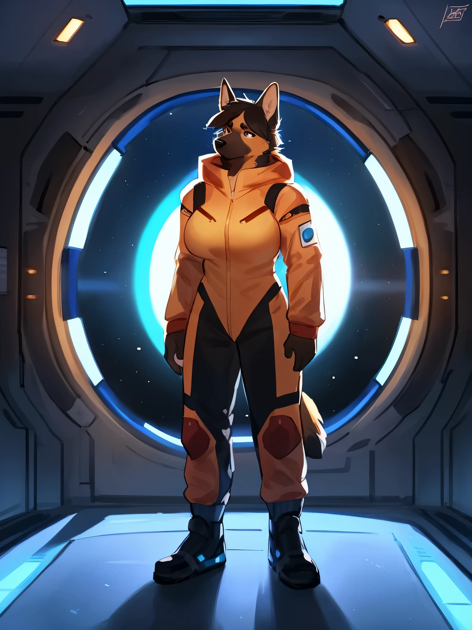 By bebebebebe, by lostgoose, by goonie-san, solo, female, canine, german shepherd, fluffy, standing, standing, (hair), big breasts, sci-fi spacesuit, spaceship, space, window